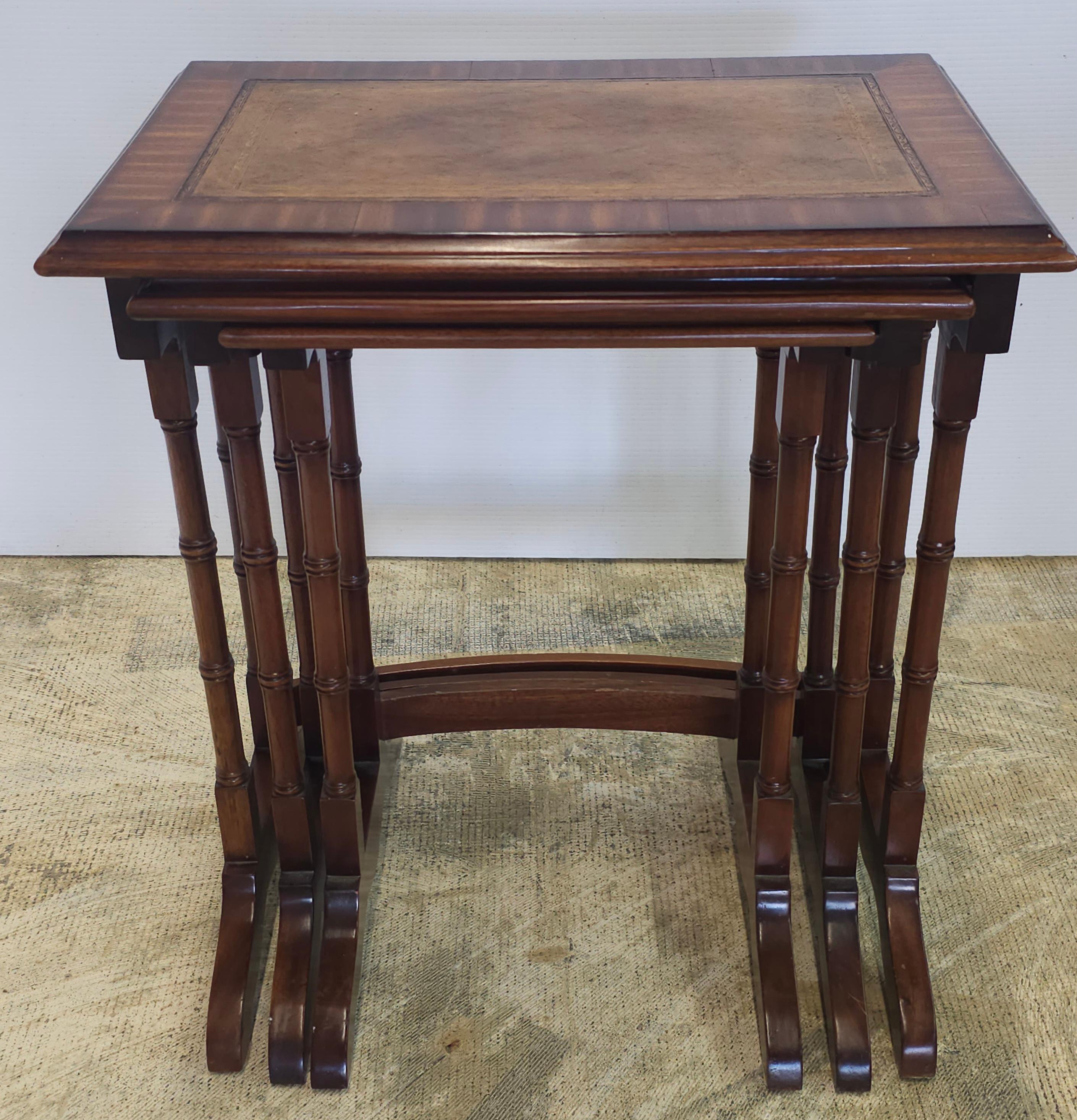 Late 20th Century Set of Three Mahogany Faux Bamboo and Leather Nesting Tables In Good Condition For Sale In Germantown, MD