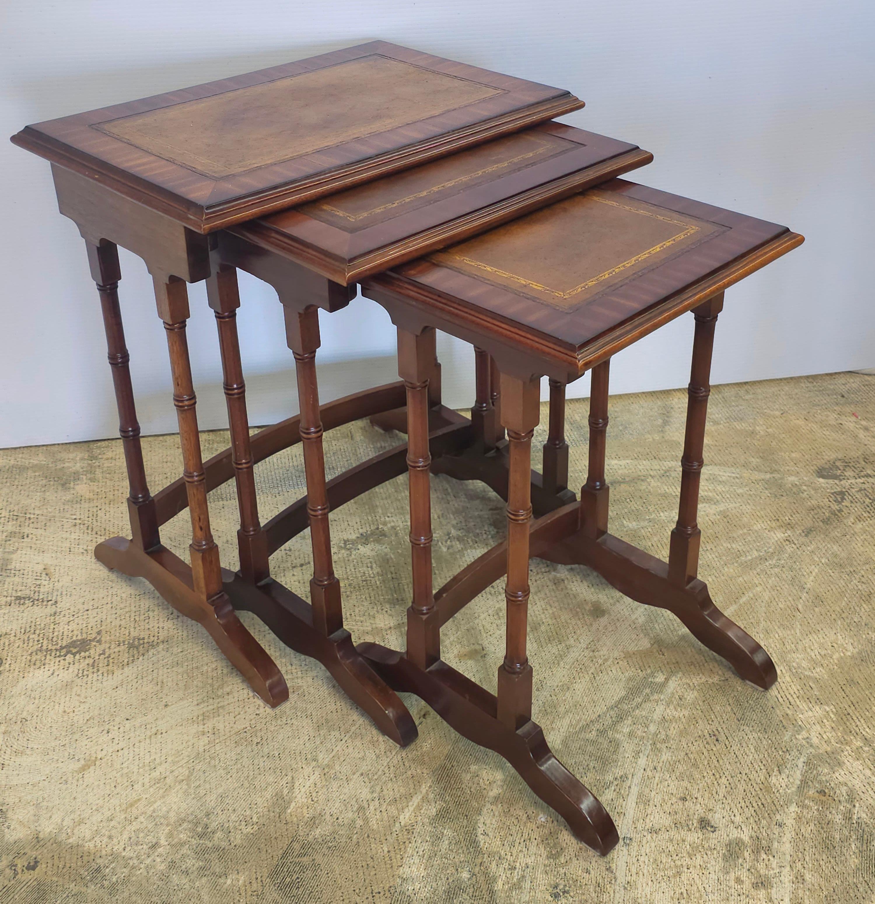 Late 20th Century Set of Three Mahogany Faux Bamboo and Leather Nesting Tables For Sale 2