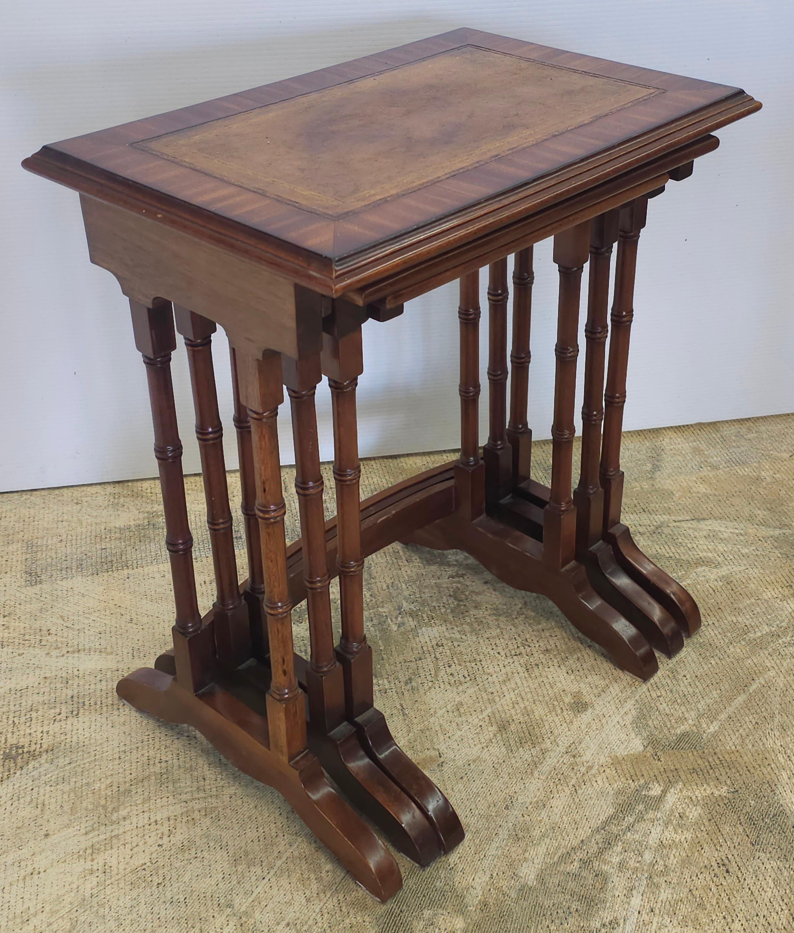 Late 20th Century Set of Three Mahogany Faux Bamboo and Leather Nesting Tables For Sale 3