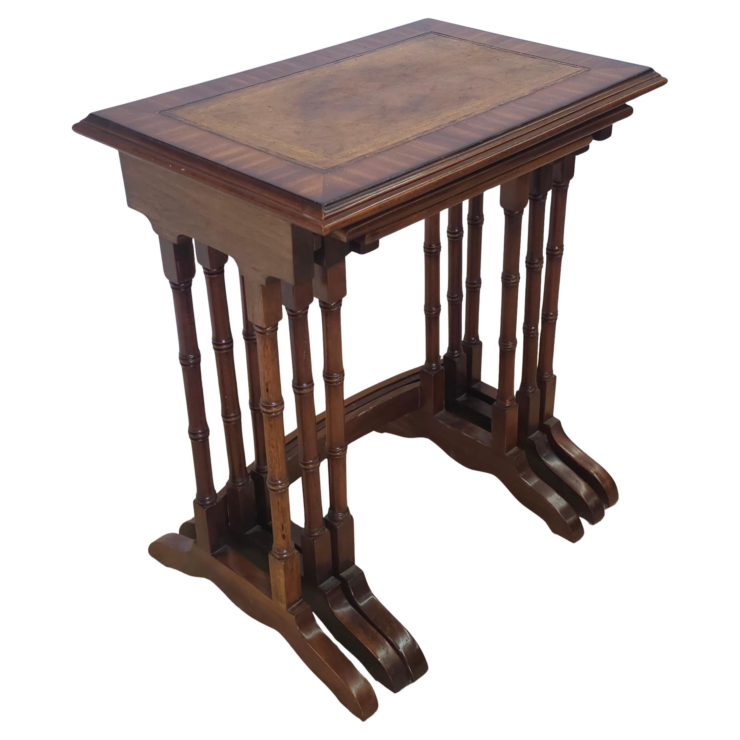 Late 20th Century Set of Three Mahogany Faux Bamboo and Leather Nesting Tables
