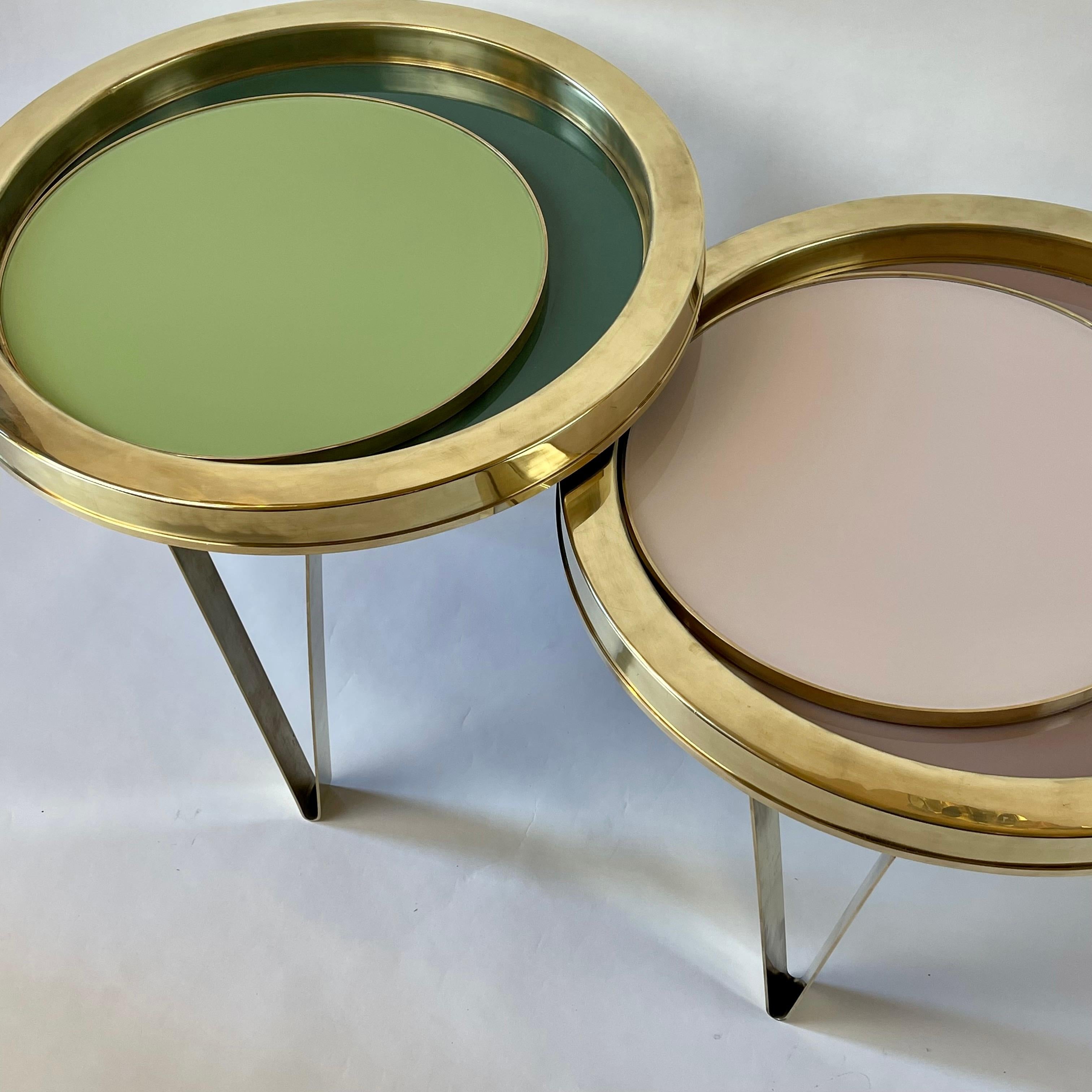 Mid-Century Modern Late 20th Century Set of Two Round Brass Coffee Tables w/ Opaline Glass Tops For Sale