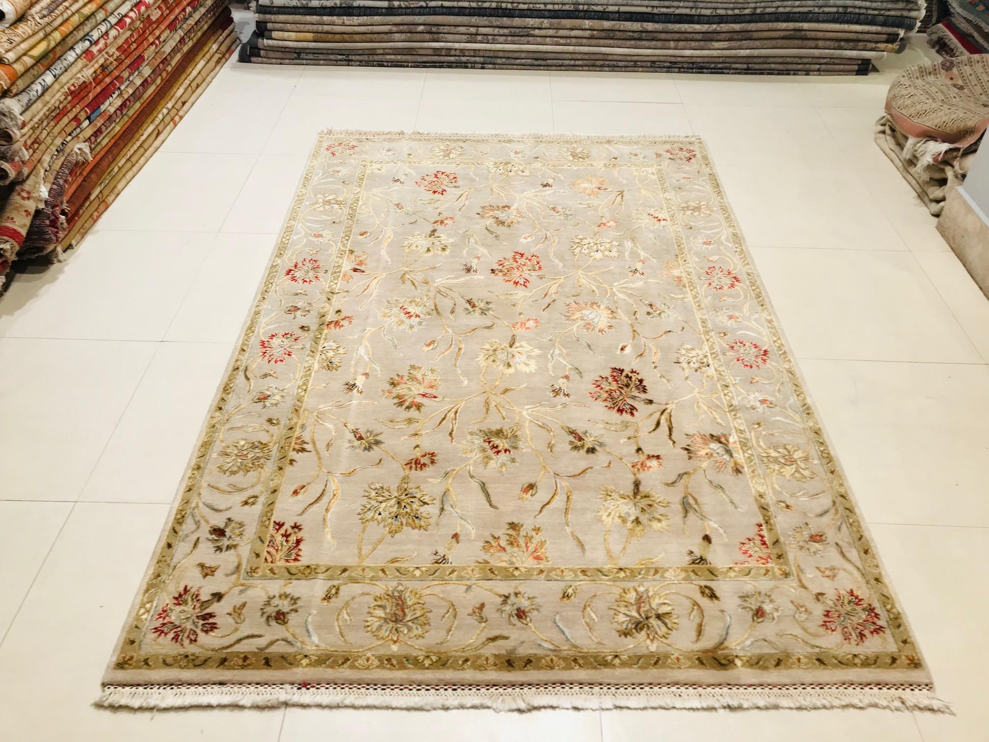 Other Late 20th Century Silk and Wool Hand Knotted Relief Rug Color Flowers in Beige For Sale