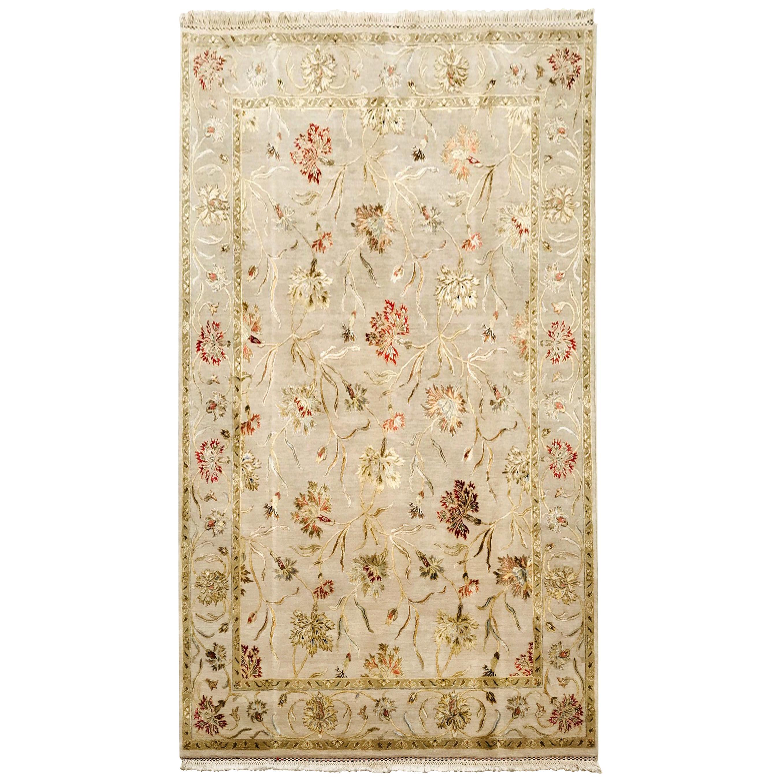 Late 20th Century Silk and Wool Hand Knotted Relief Rug Color Flowers in Beige For Sale
