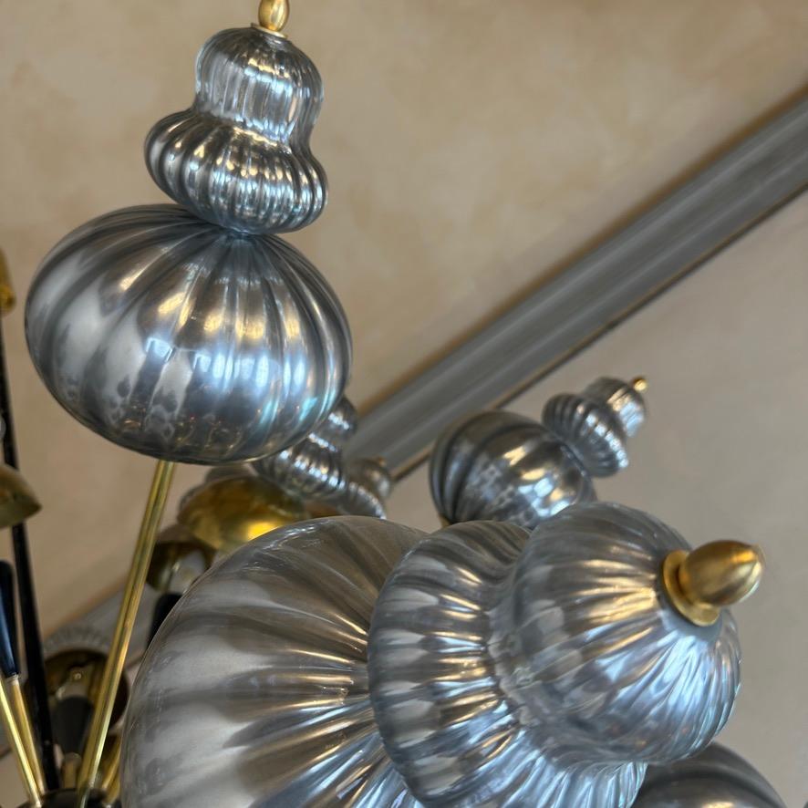 Late 20th Century Silver Blown Murano Glass Elements & Brass Sputnik Chandelier For Sale 9