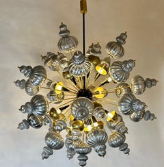 Late 20th Century Silver Blown Murano Glass Elements & Brass Sputnik Chandelier