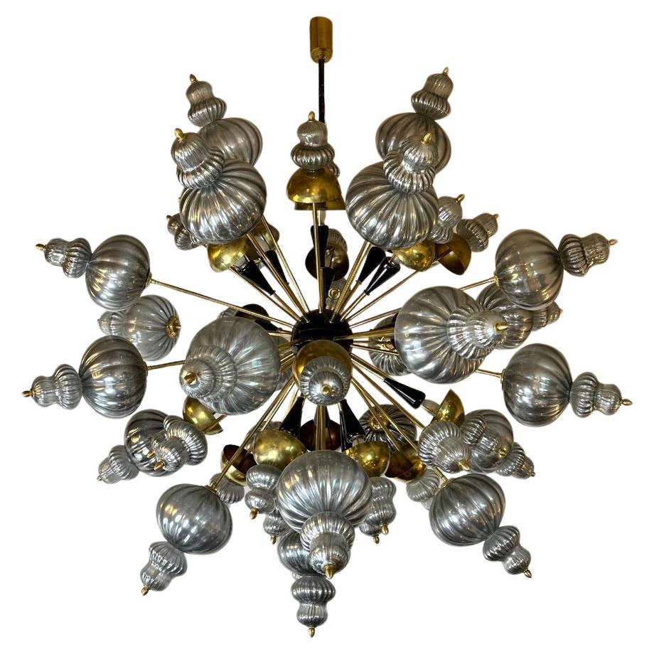 Late 20th Century Silver Blown Murano Glass Elements & Brass Sputnik Chandelier