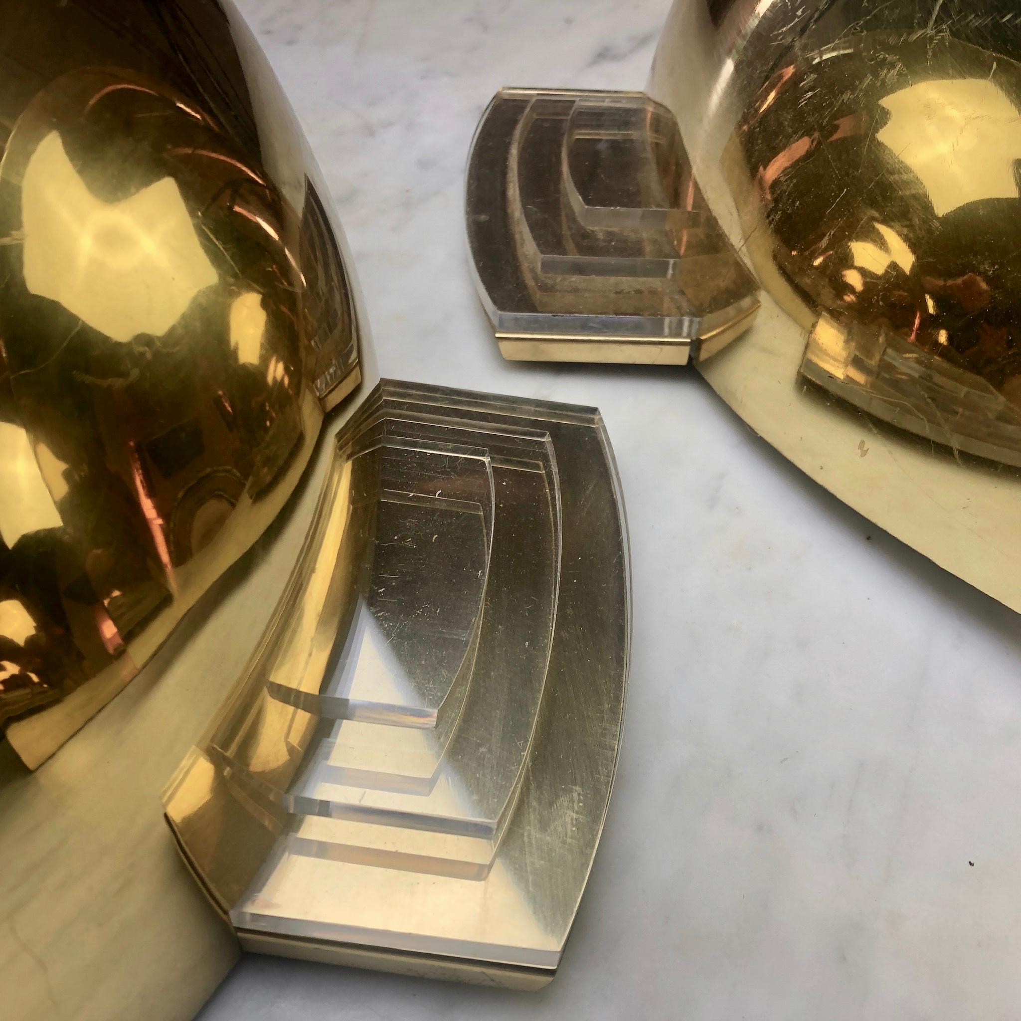 Galvanized Late 20th Century Six Space Age Gold Metal and Transparent Lucite Sconces For Sale