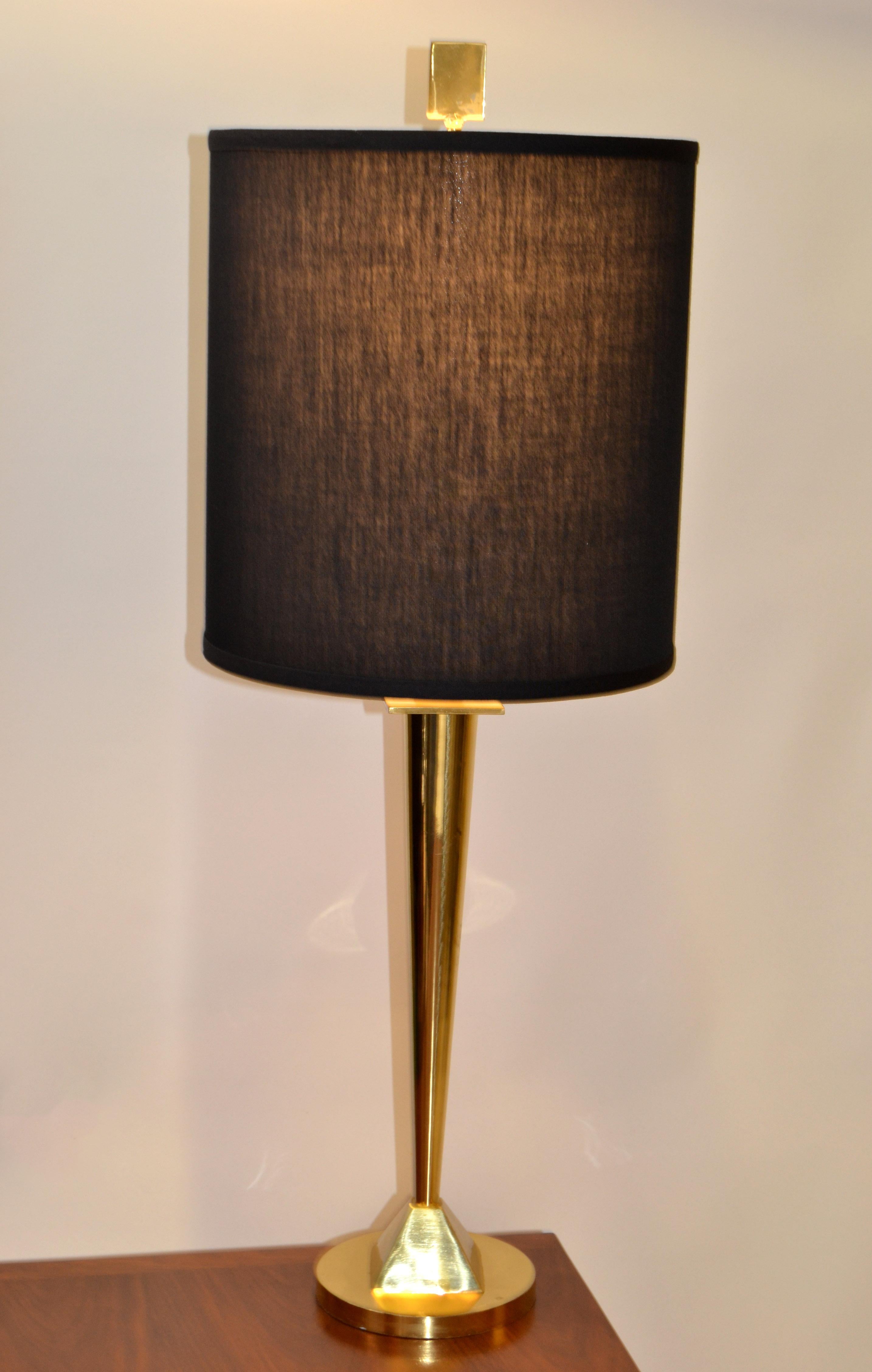 Late 20th Century Solid Brass Geometric Tall Table Lamp Black Fabric Drum Shade For Sale 8