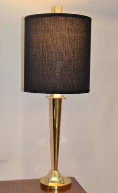 Late 20th Century Solid Brass Geometric Tall Table Lamp Black Fabric Drum Shade