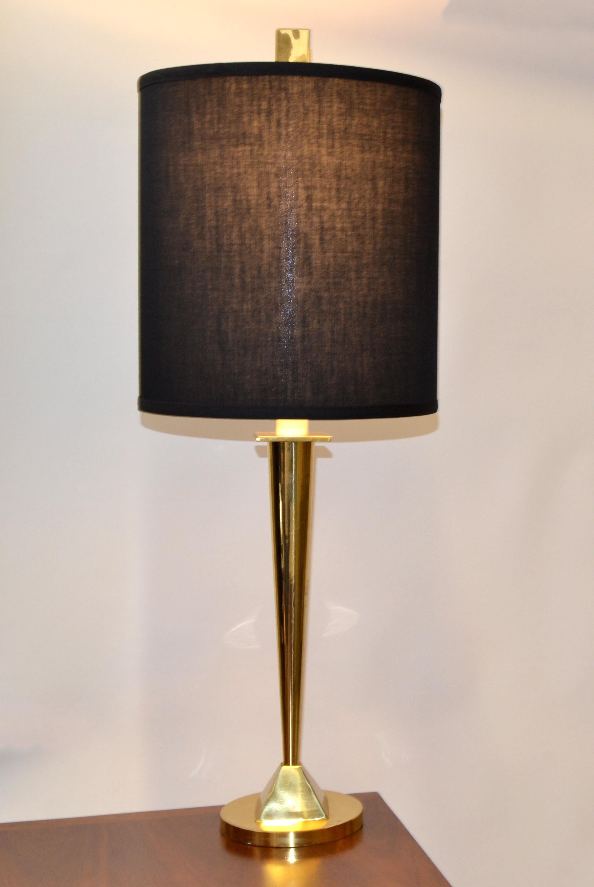 Late 20th Century Solid Brass Geometric Tall Table Lamp Black Fabric Drum Shade For Sale 2