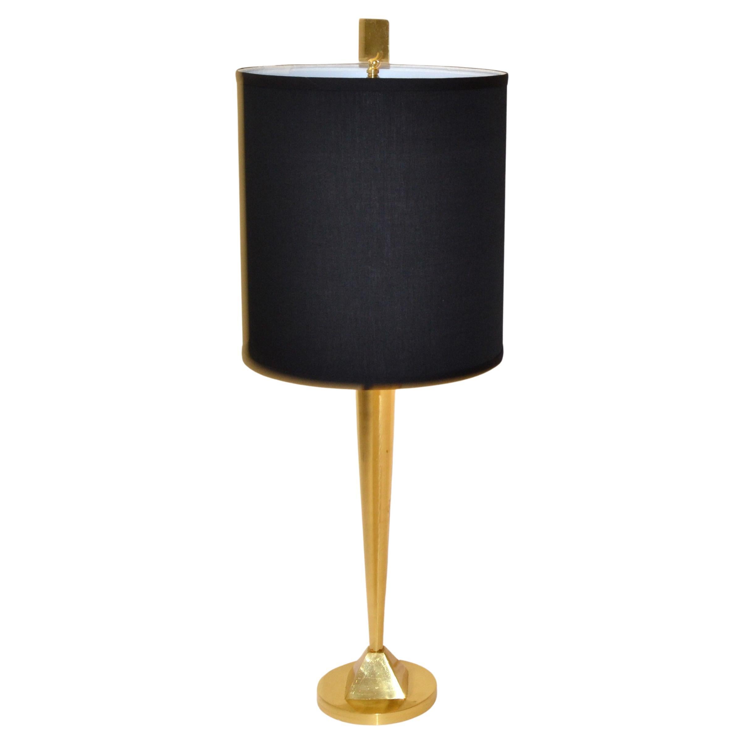 Late 20th Century Solid Brass Geometric Tall Table Lamp Black Fabric Drum Shade For Sale