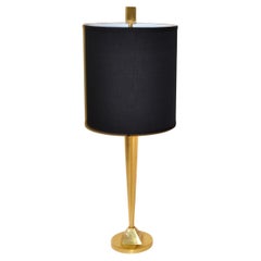 Vintage Late 20th Century Solid Brass Geometric Tall Table Lamp Black Fabric Drum Shade