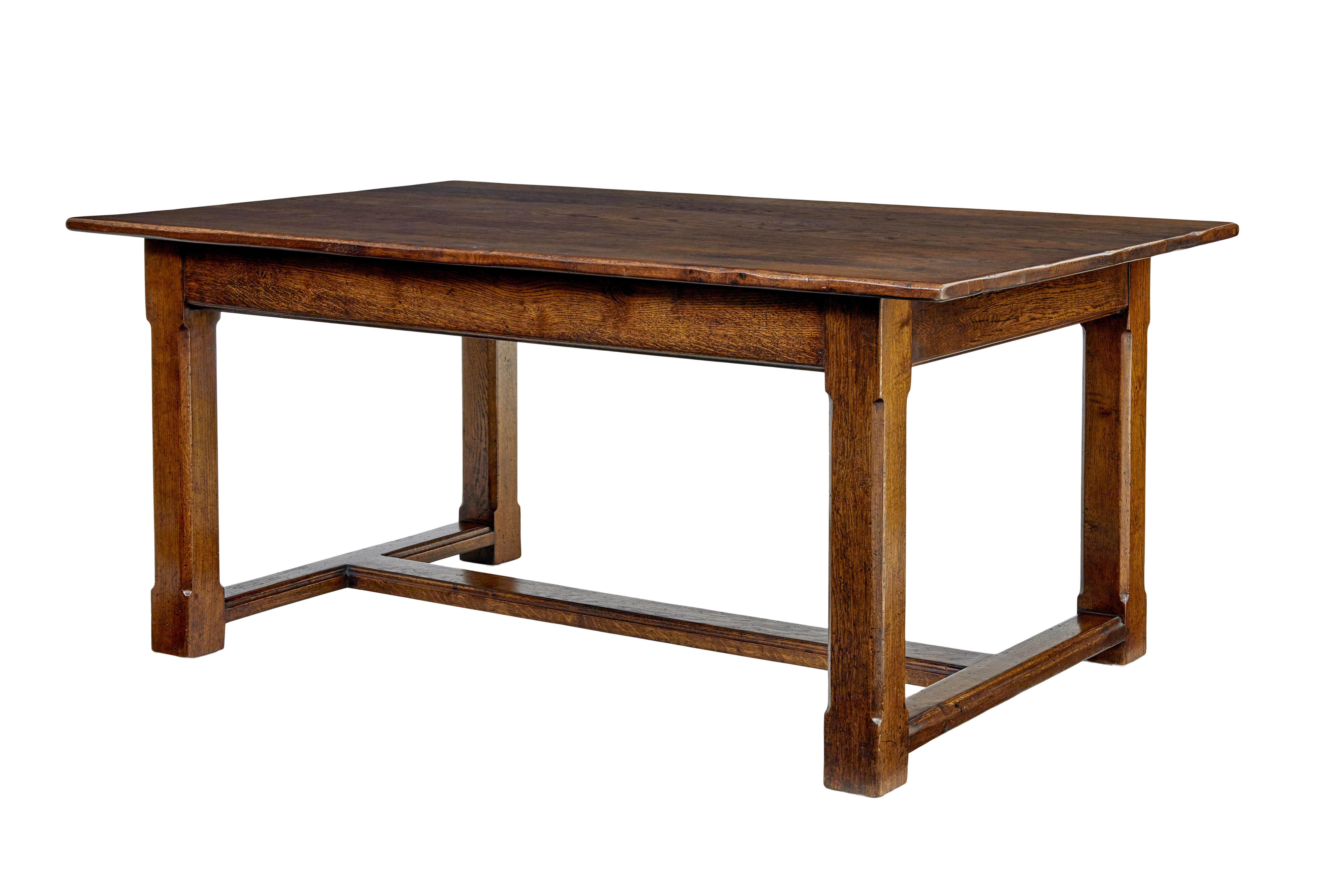 Late 20th century solid oak refectory table circa 1990.

Good quality English made oak refectory table made from seasoned oak. 7 plank oak top, standing on a straight leg base with fluted detail, united by h frame stretcher.

Very good size for use