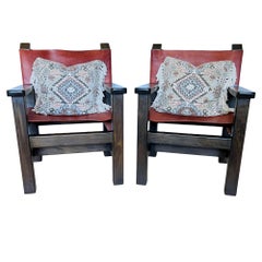 Late 20th Century Spanish Brutalist Wood & Leather Armchairs, a Pair