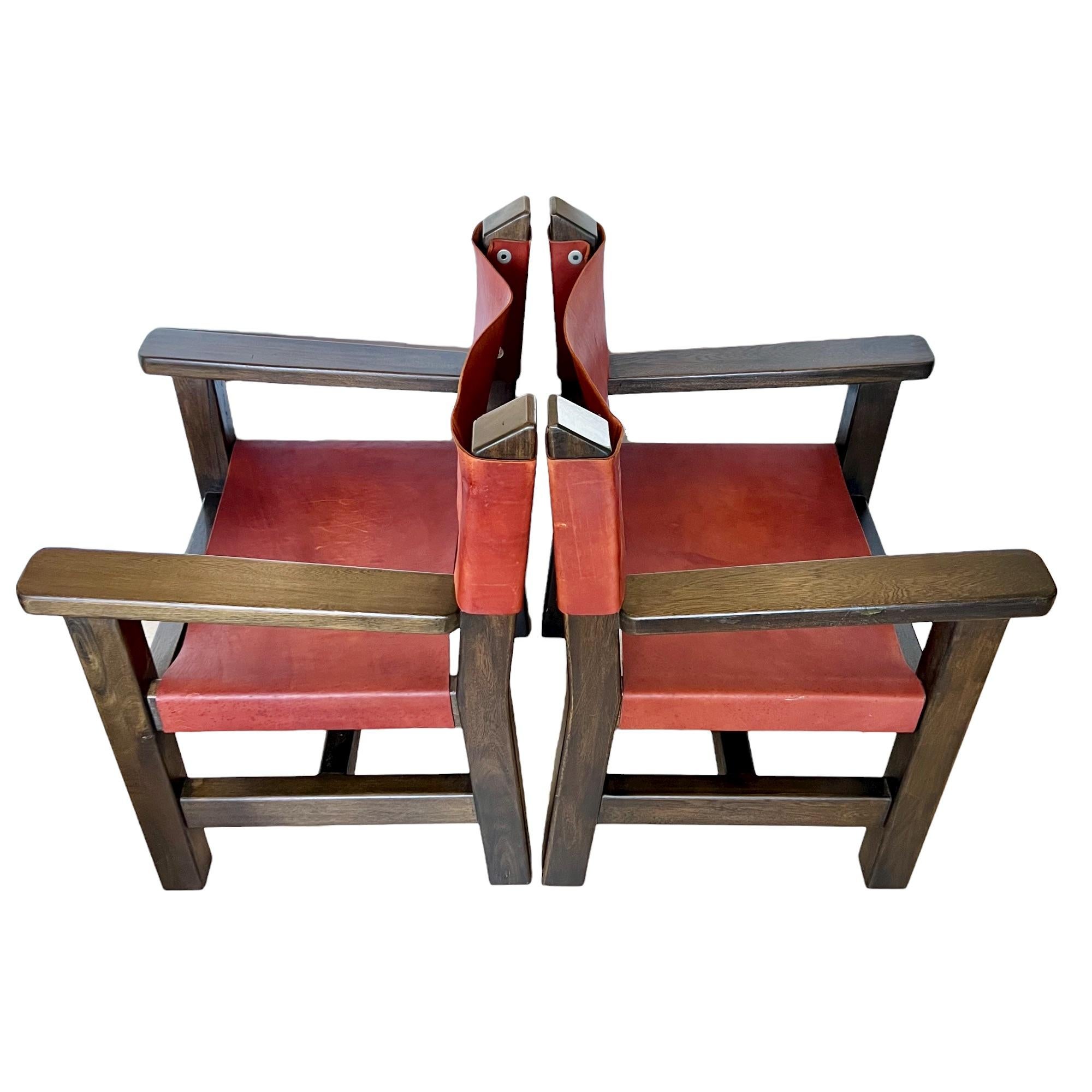 Late 20th Century Spanish Brutalist Wood & Leather Armchairs, a Pair For Sale 2