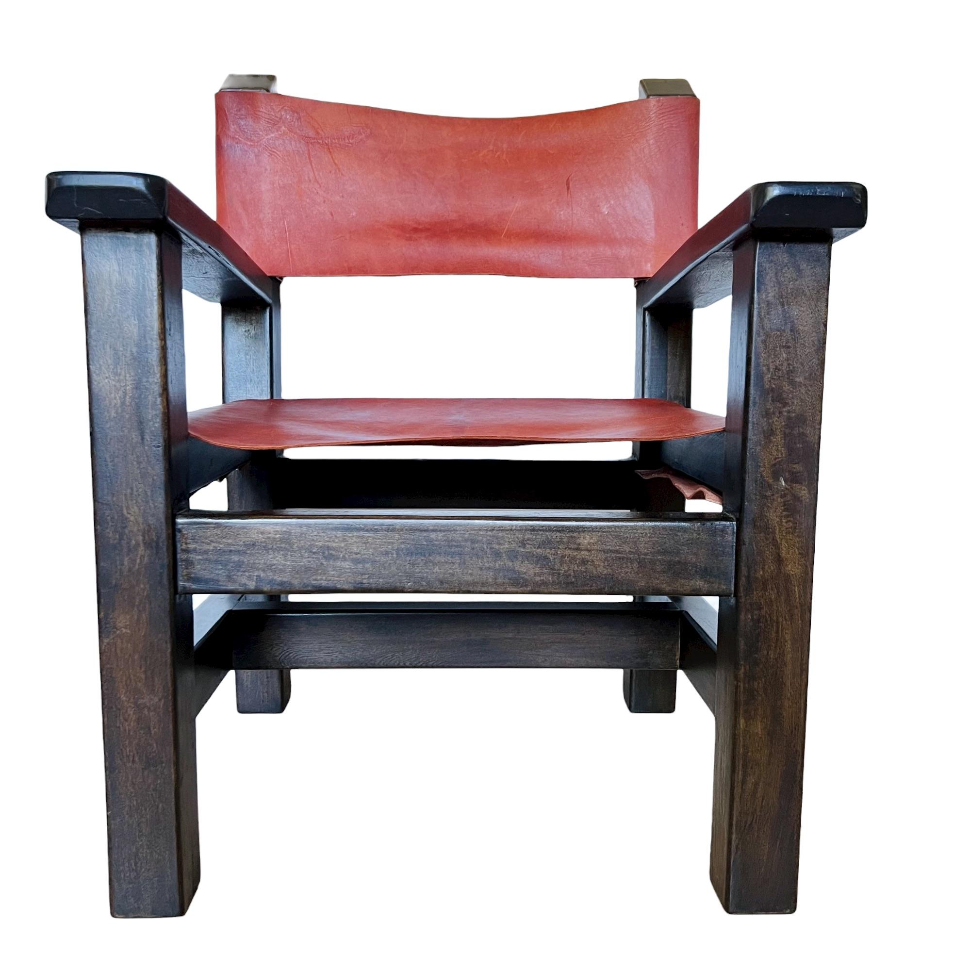 Late 20th Century Spanish Brutalist Wood & Leather Armchairs, a Pair For Sale 3