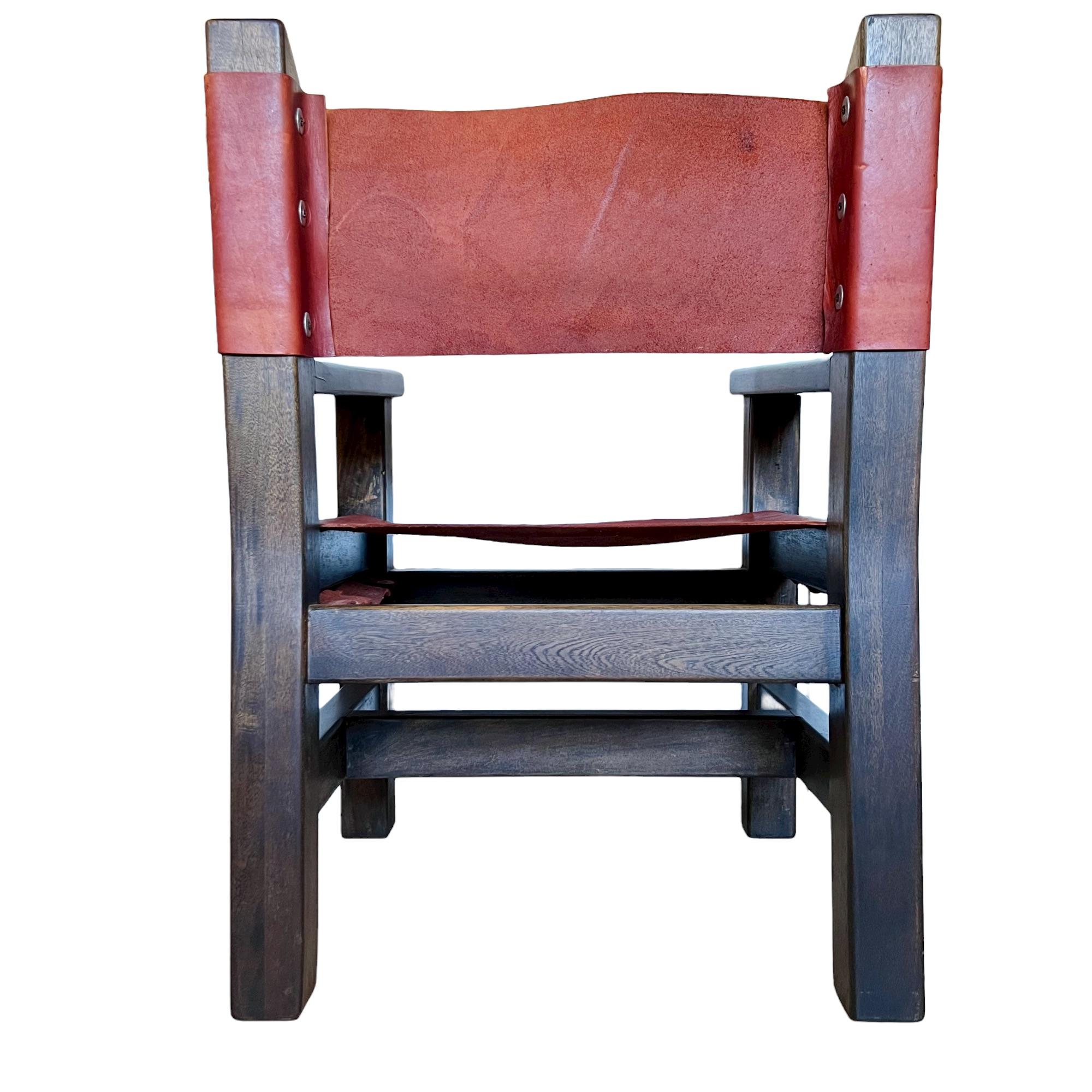 Late 20th Century Spanish Brutalist Wood & Leather Armchairs, a Pair For Sale 4