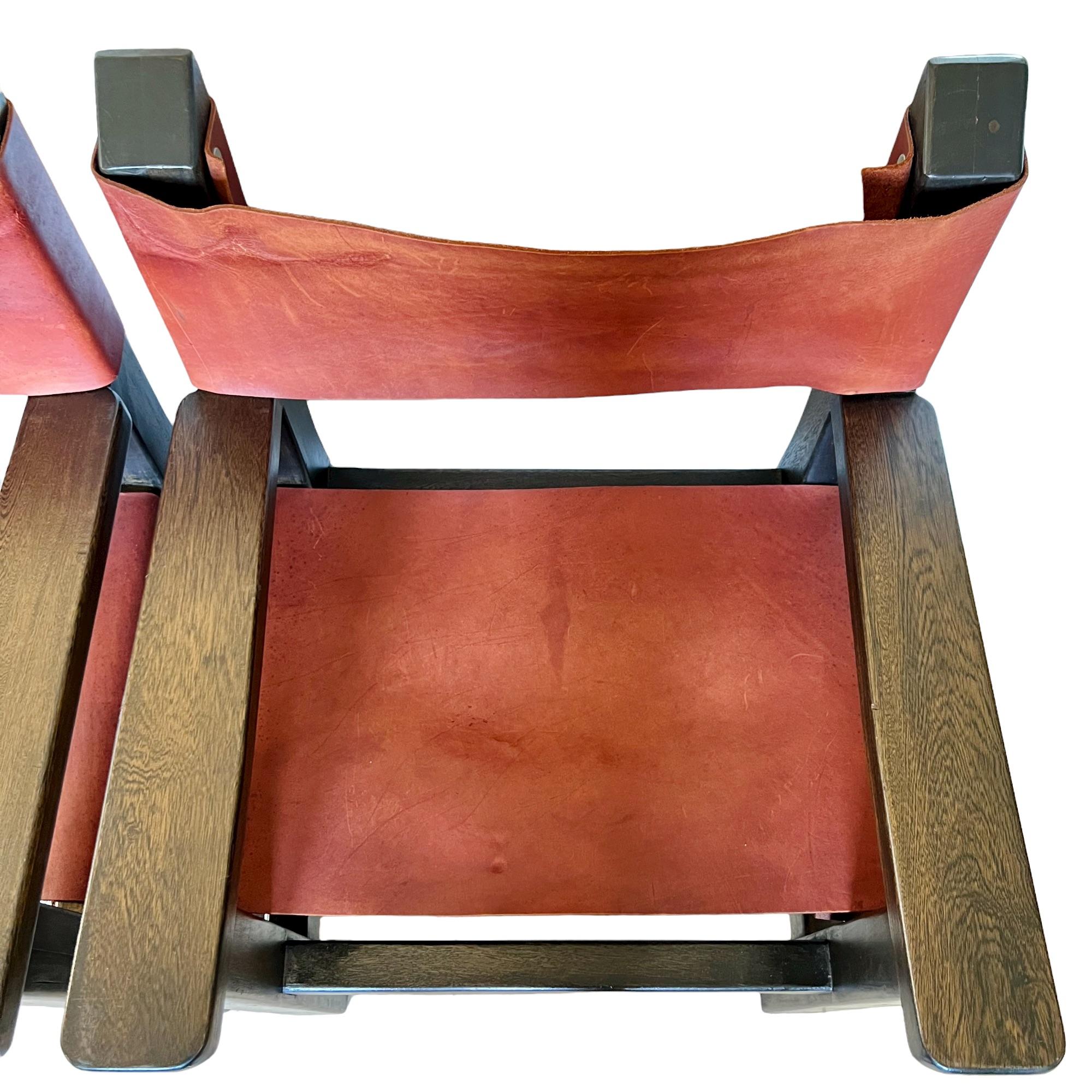 Spanische brutalistische Sessel aus Holz und Leder des späten 20. Jahrhunderts, Paar im Angebot 4