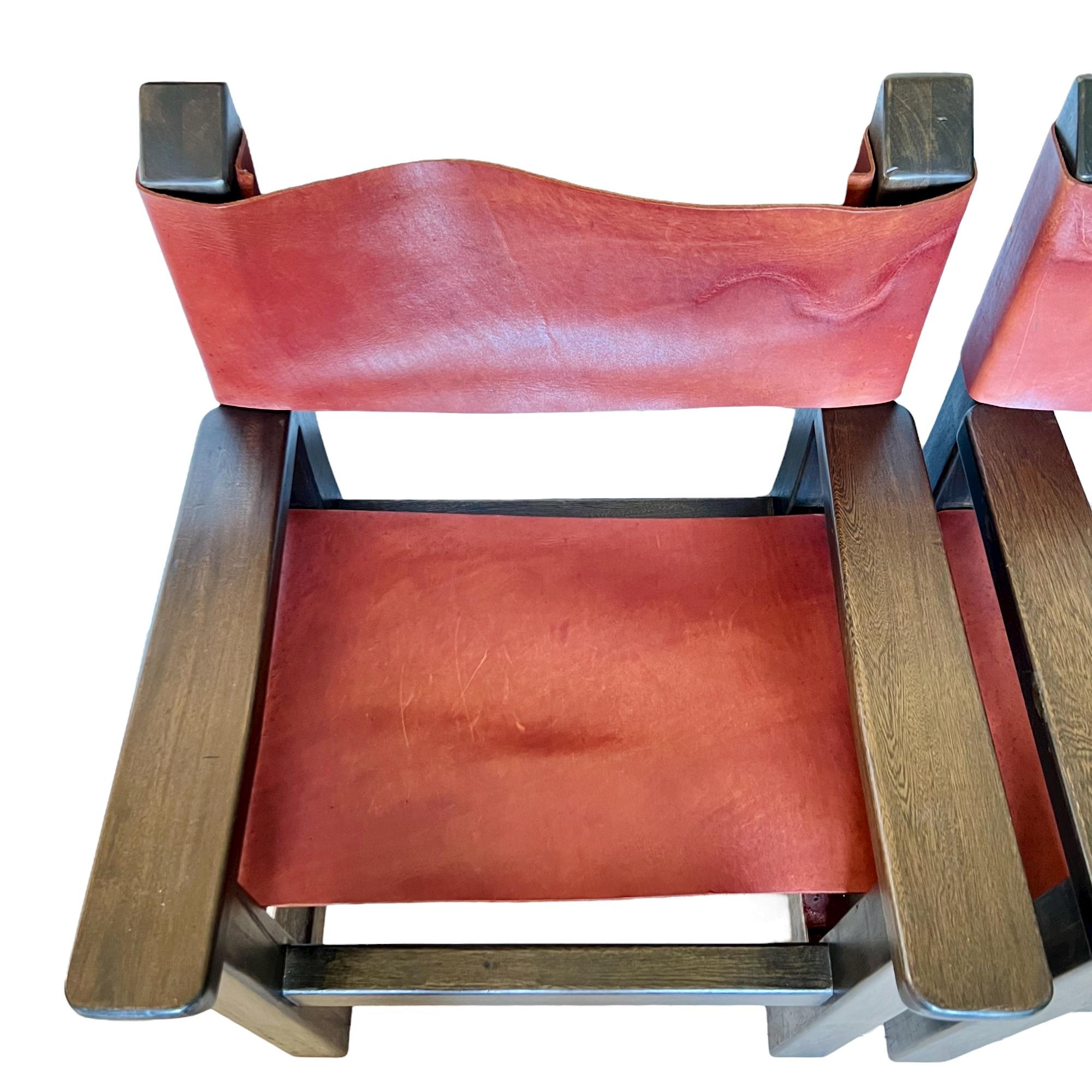 Late 20th Century Spanish Brutalist Wood & Leather Armchairs, a Pair For Sale 6