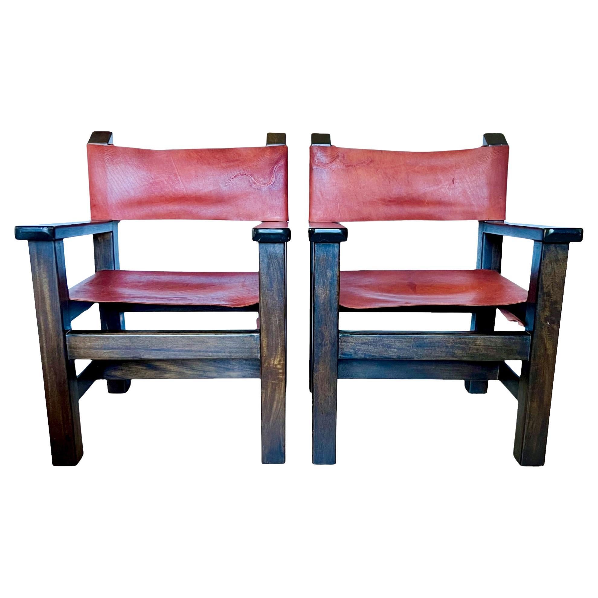 Late 20th Century Spanish Brutalist Wood & Leather Armchairs, a Pair For Sale