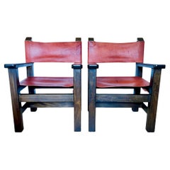 Vintage Late 20th Century Spanish Brutalist Wood & Leather Armchairs, a Pair