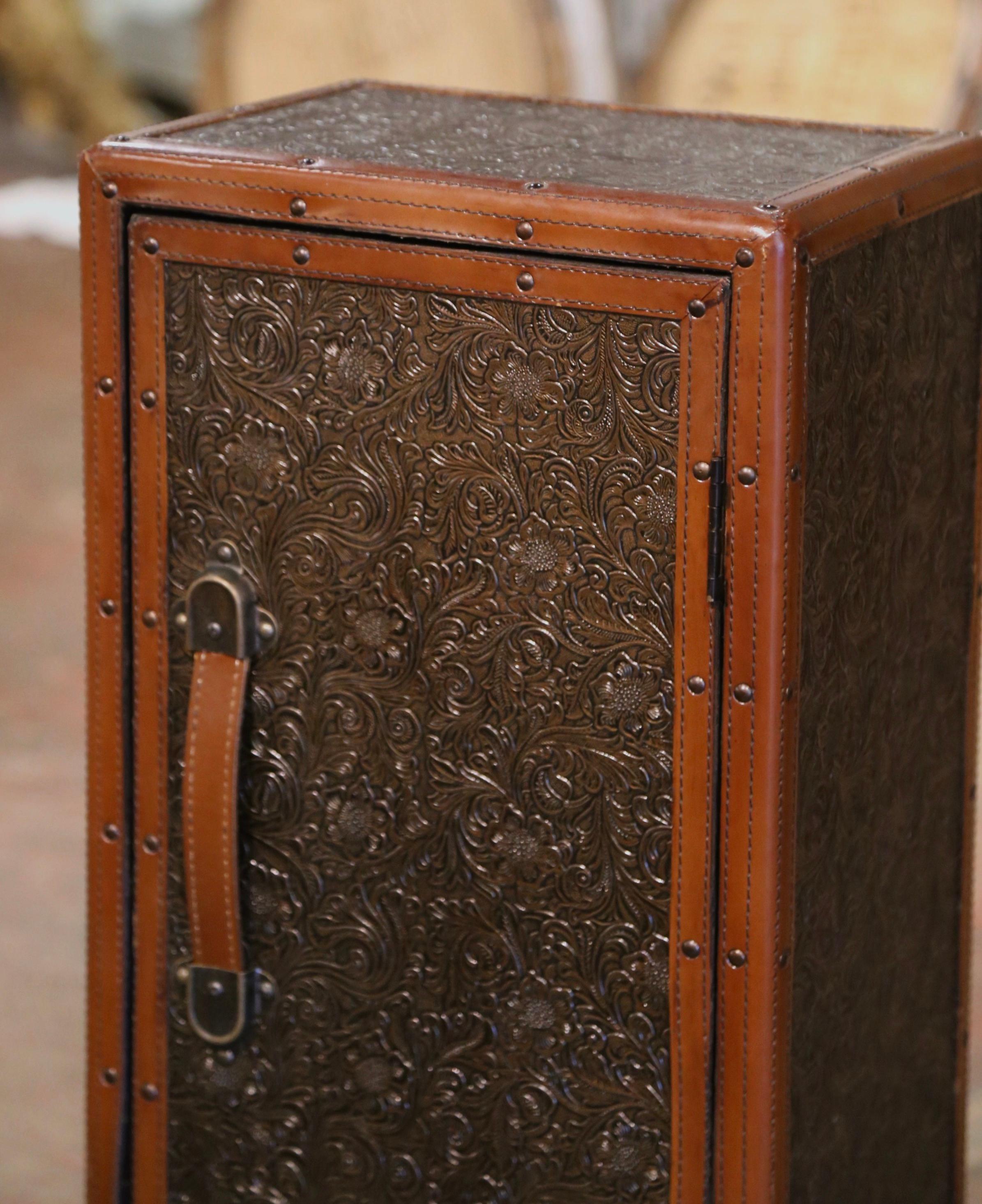 Late 20th Century Spanish Embossed Leather Suitcase-Form Cabinet on Bun Feet In Excellent Condition For Sale In Dallas, TX