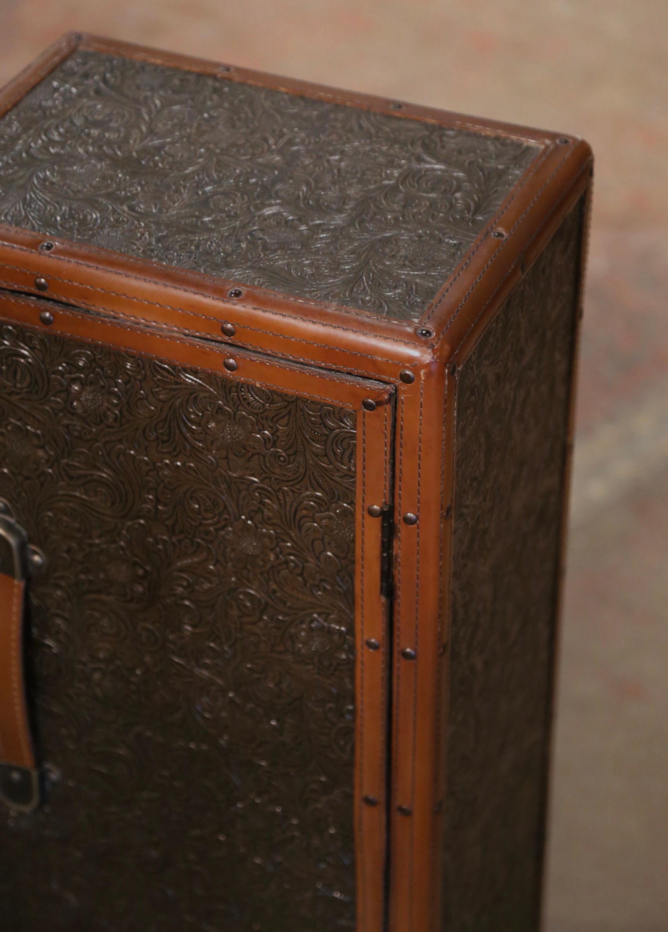 Late 20th Century Spanish Embossed Leather Suitcase-Form Cabinet on Bun Feet For Sale 1