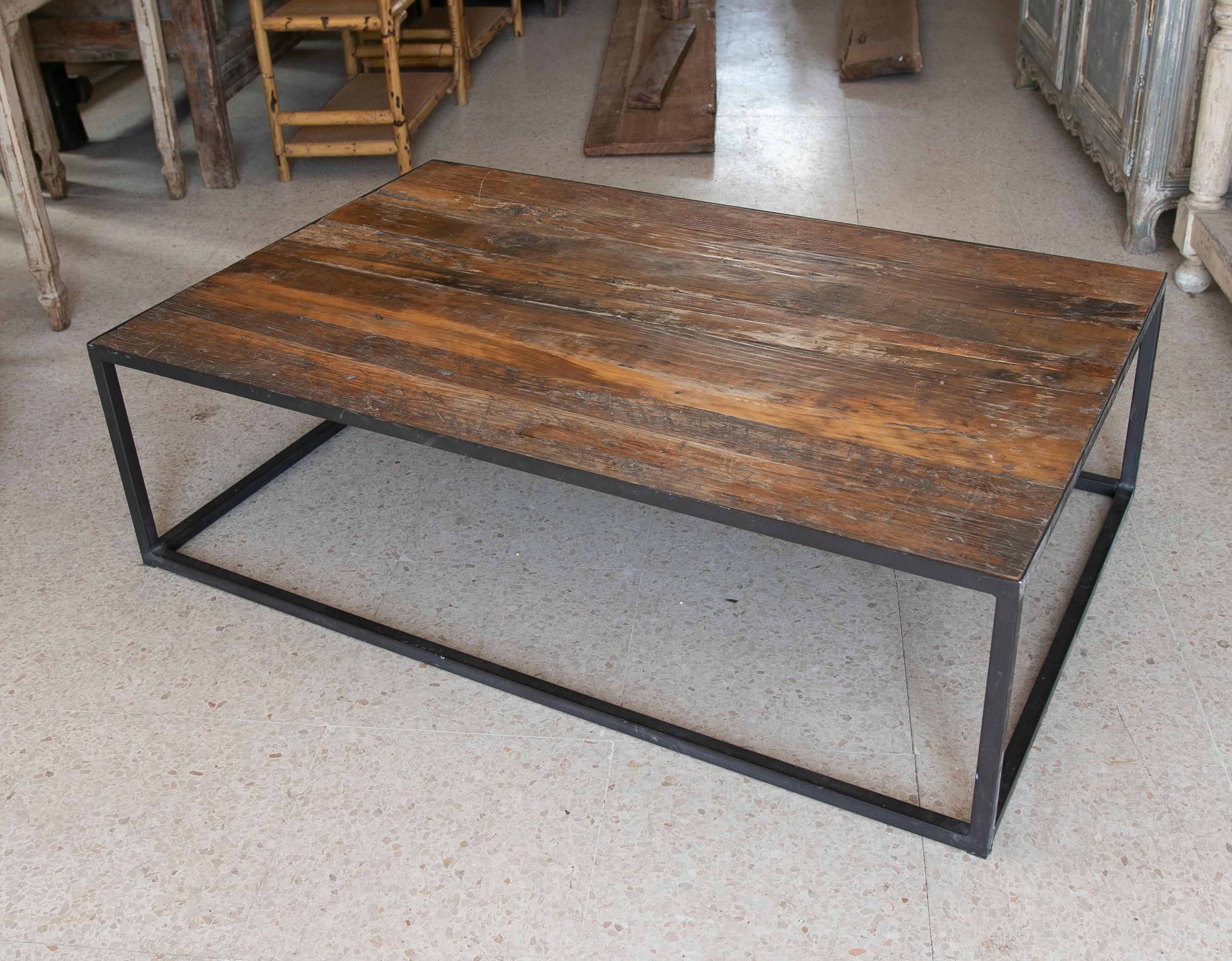 Late 20th Century Spanish Iron Cube Coffee Table w/ Distressed Wood Top 1