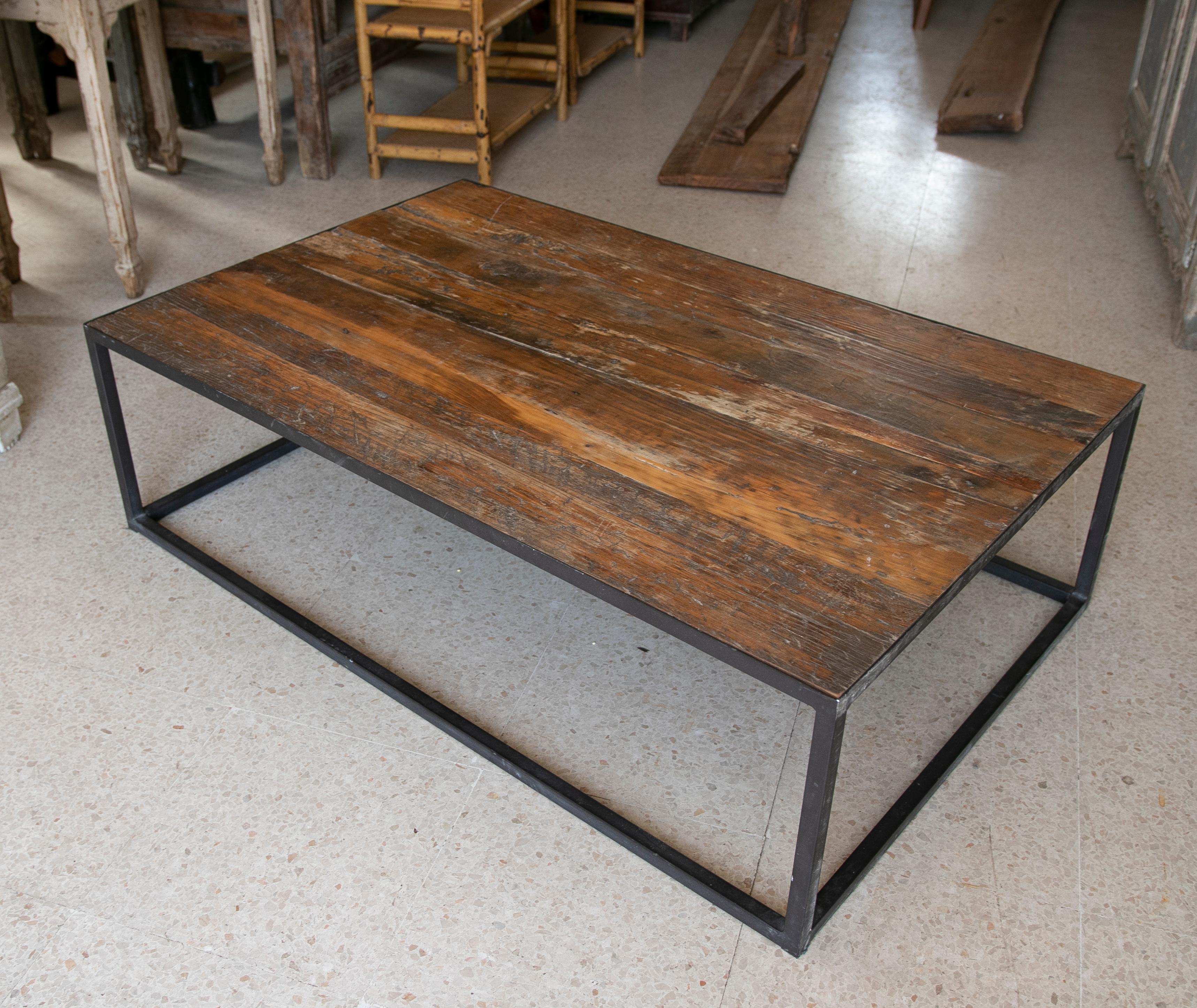 Late 20th Century Spanish Iron Cube Coffee Table w/ Distressed Wood Top 2