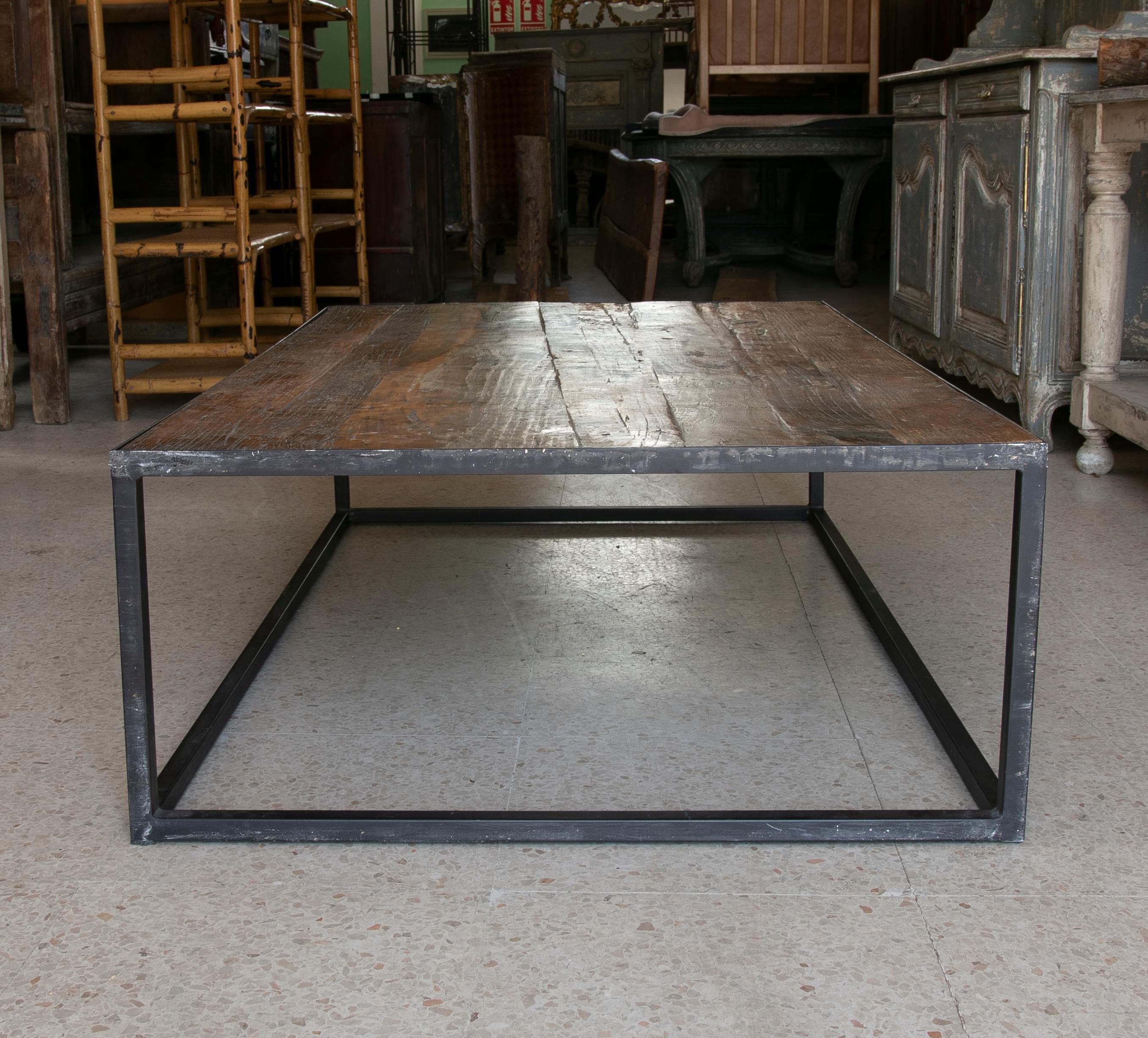 Late 20th Century Spanish Iron Cube Coffee Table w/ Distressed Wood Top 3
