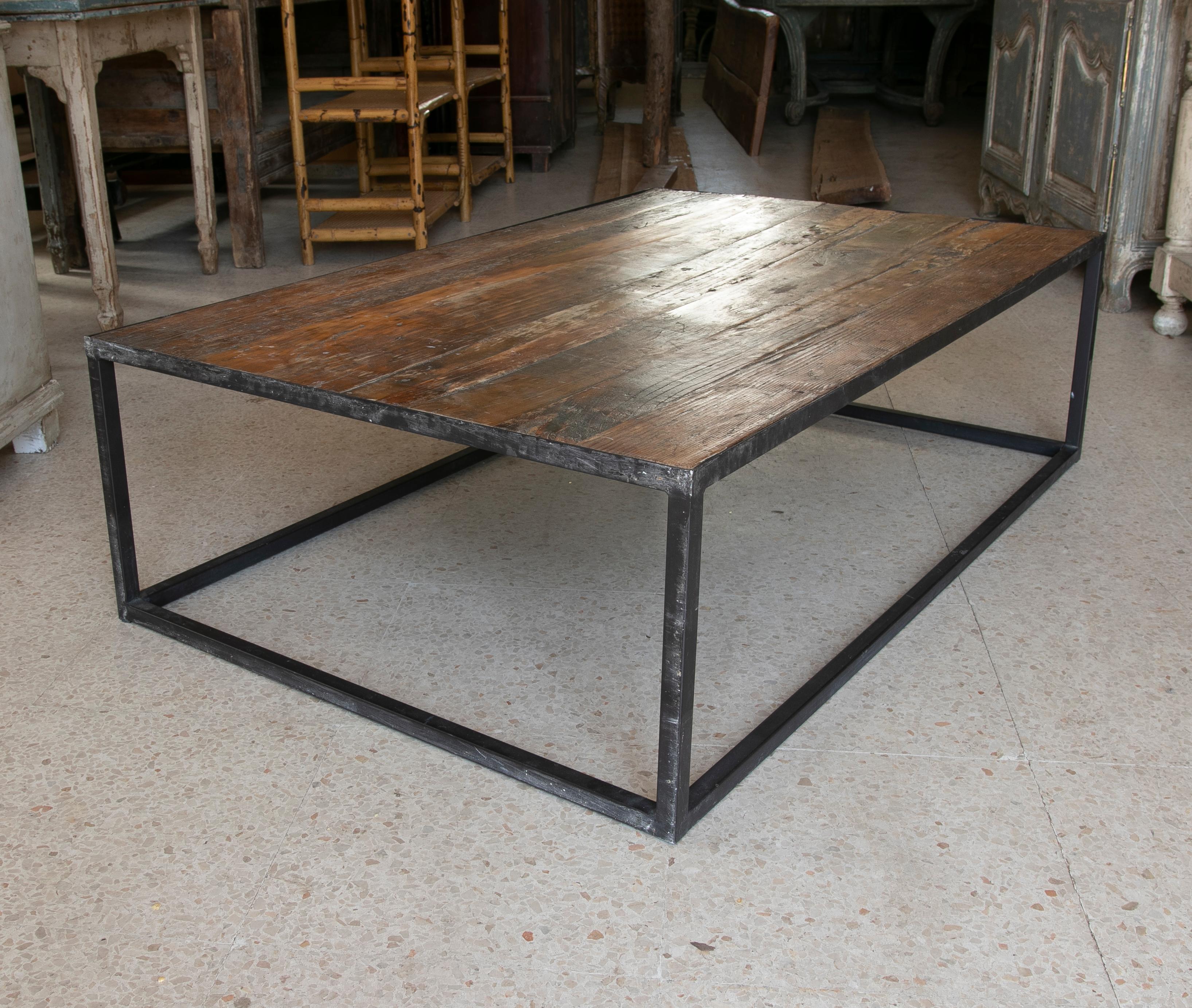 Late 20th Century Spanish Iron Cube Coffee Table w/ Distressed Wood Top 4