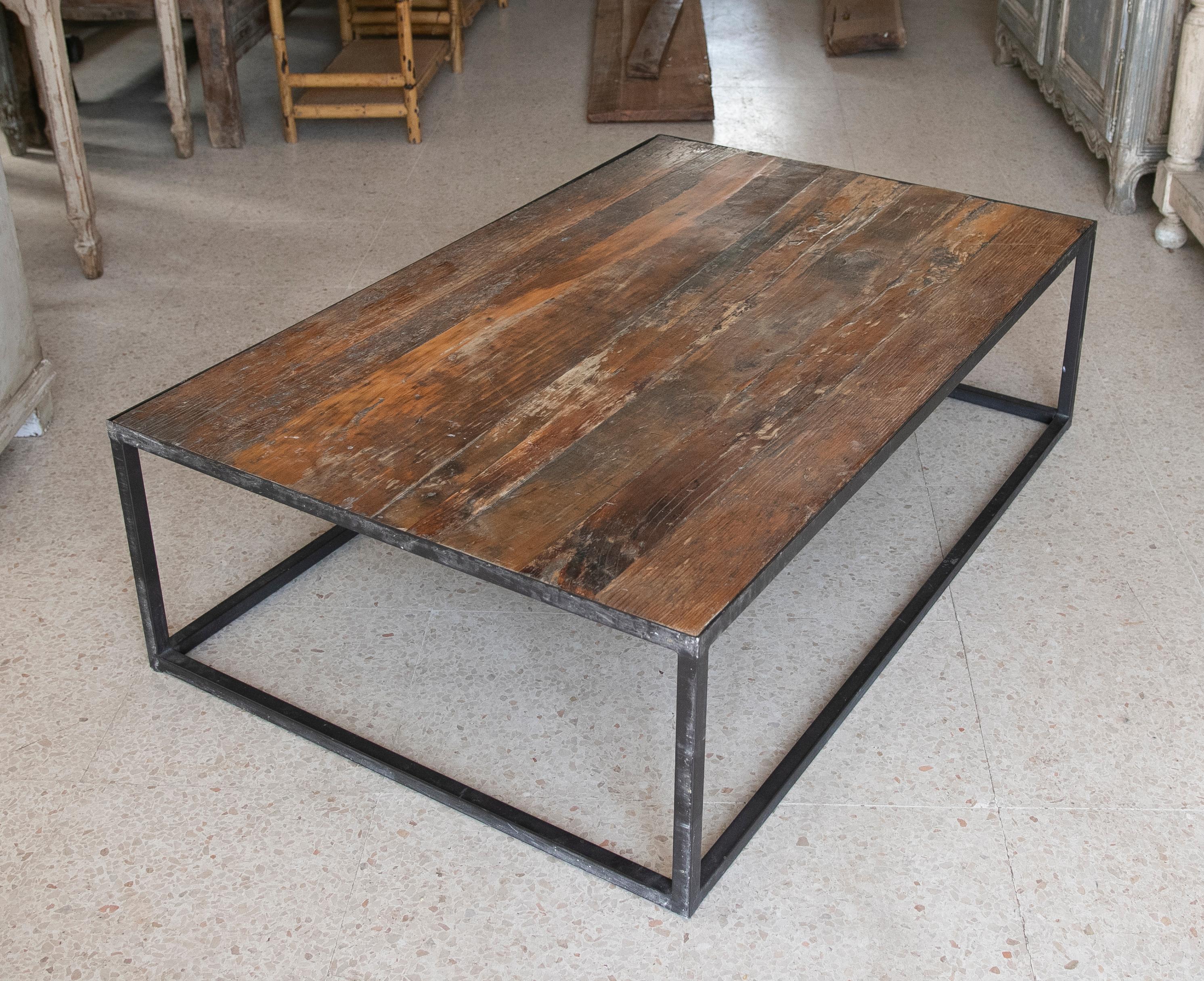 Late 20th Century Spanish Iron Cube Coffee Table w/ Distressed Wood Top 5