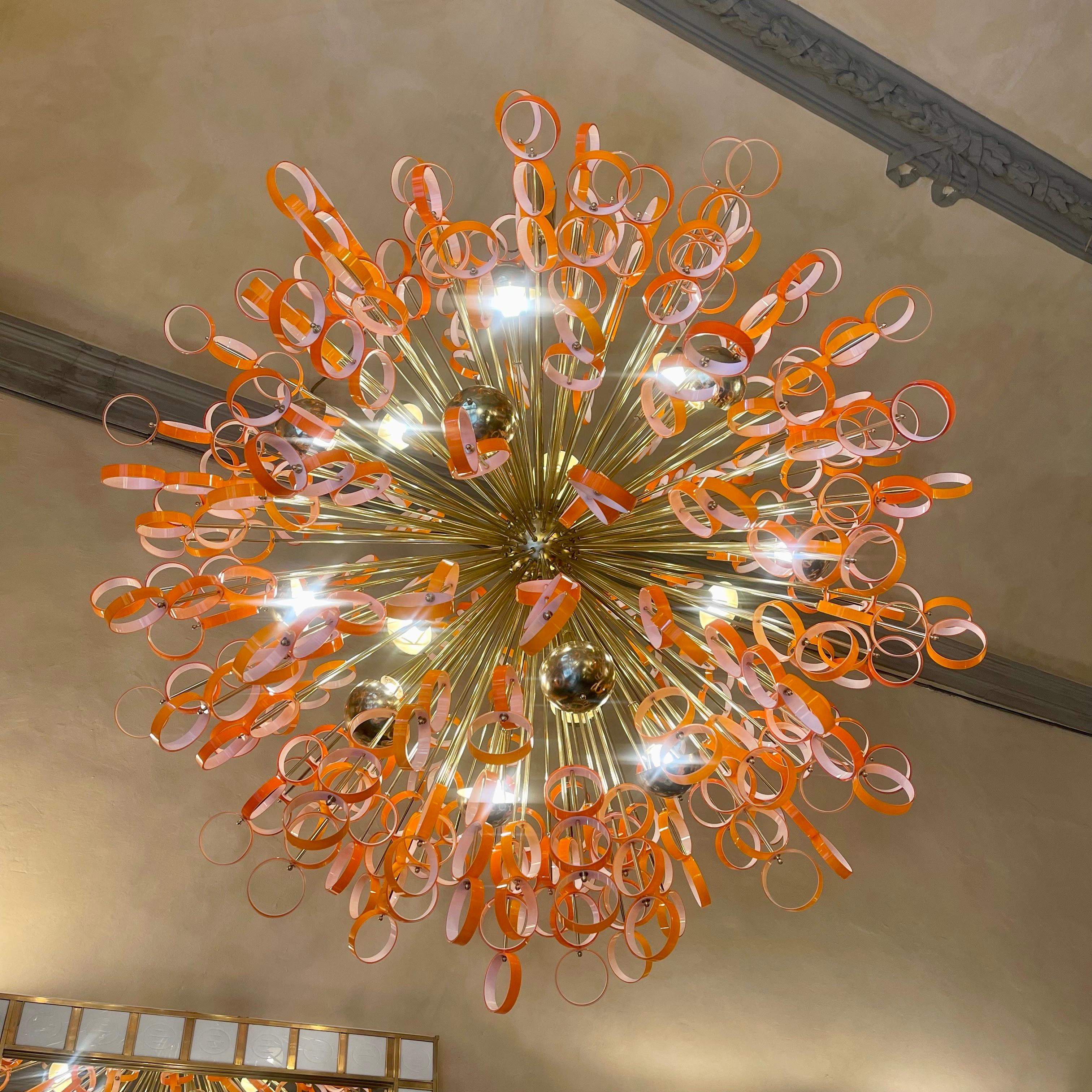 Modern Late 20th Century Sputnik Chandelier in Jacketed Orange & White Glass by Vistosi For Sale