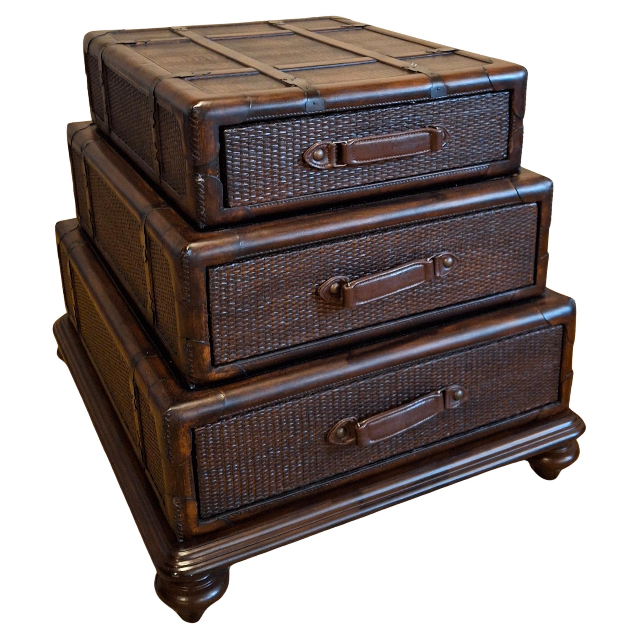 Late 20th Century Stacking Luggage-Form Leather & Woven Rattan Side Table Chest