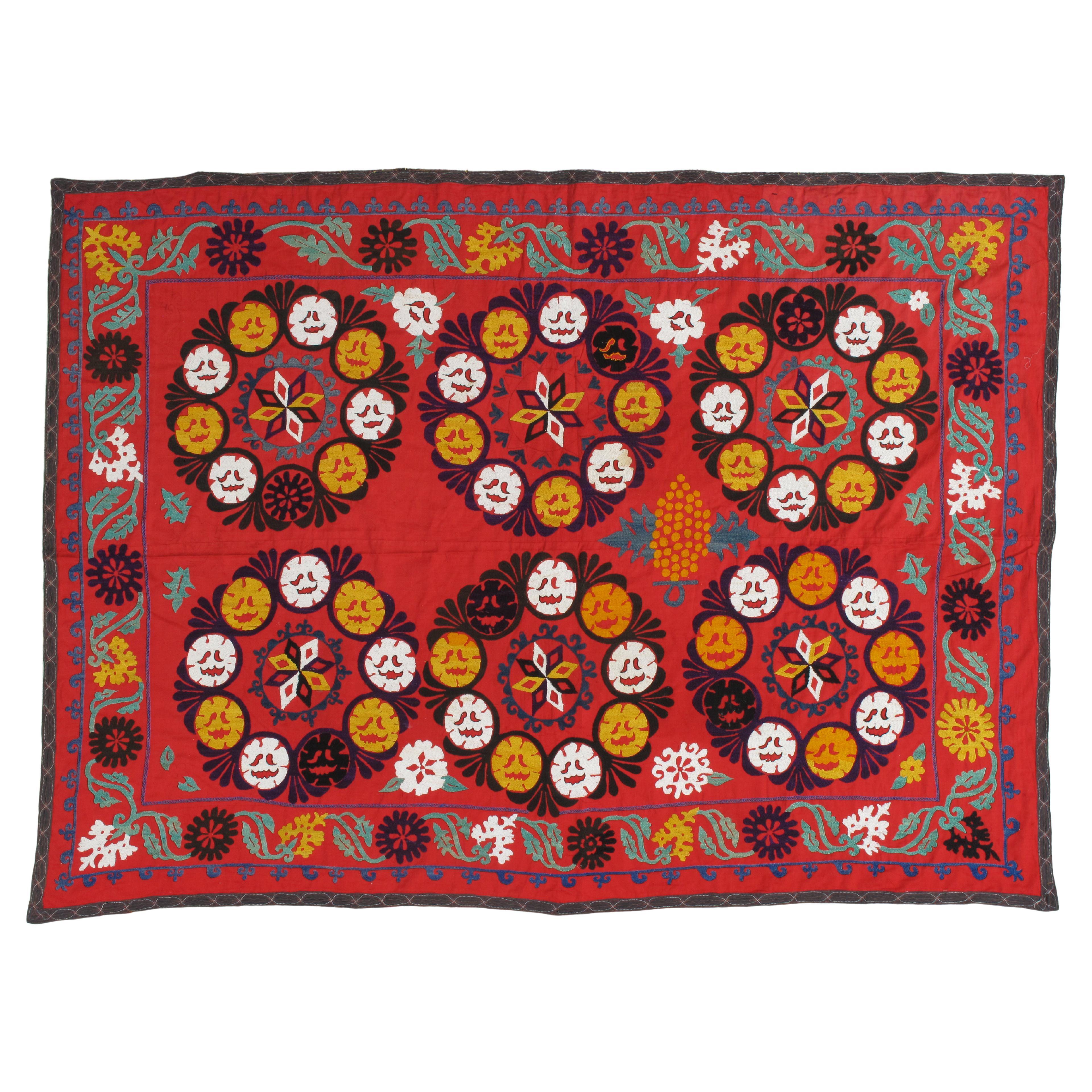 Late 20th Century Suzani Style Textile, Red, Yellow, Black, Blue