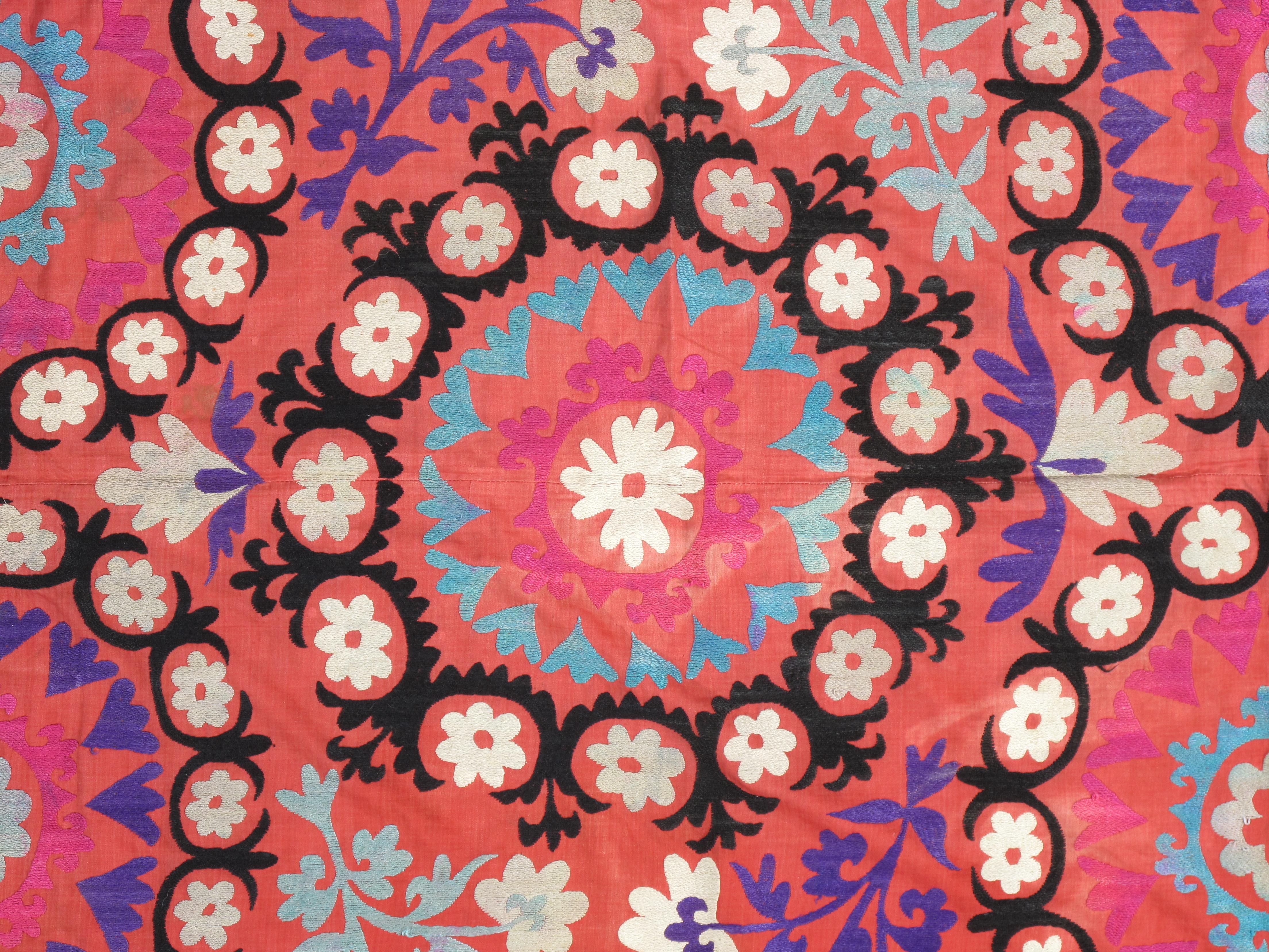 Central Asian Late 20th Century Suzani Style Textile, Vibrant Pink, Geometric Pattern For Sale