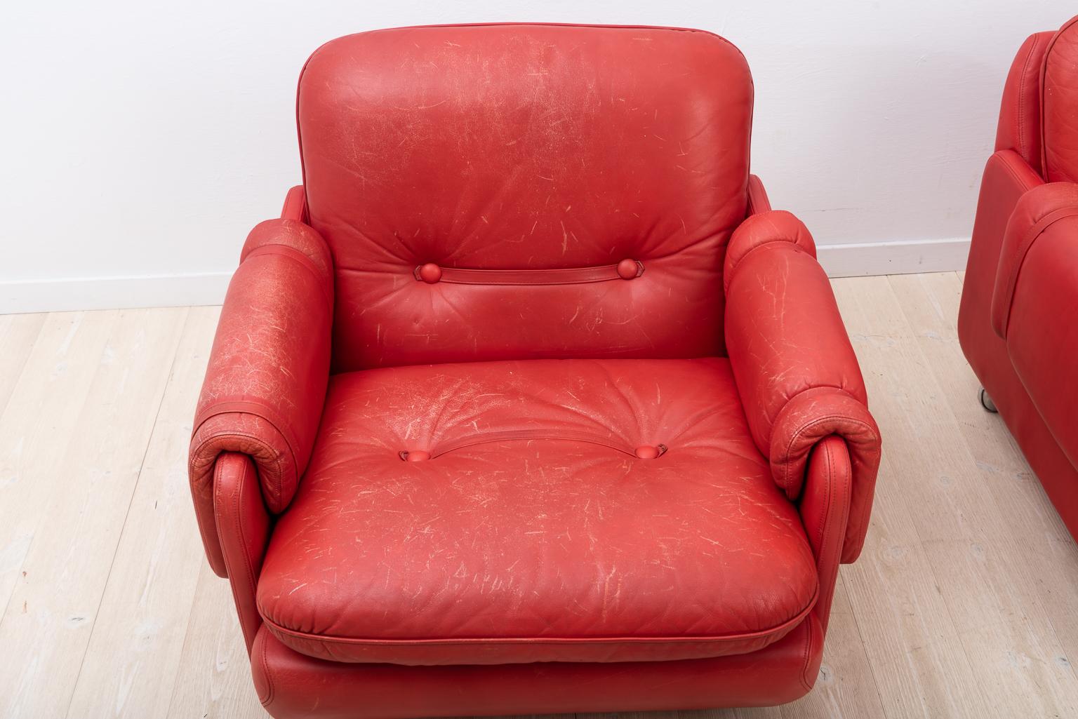 Mid-Century Modern Lombardia Red Leather Armchairs by Risto Holme for IKEA For Sale