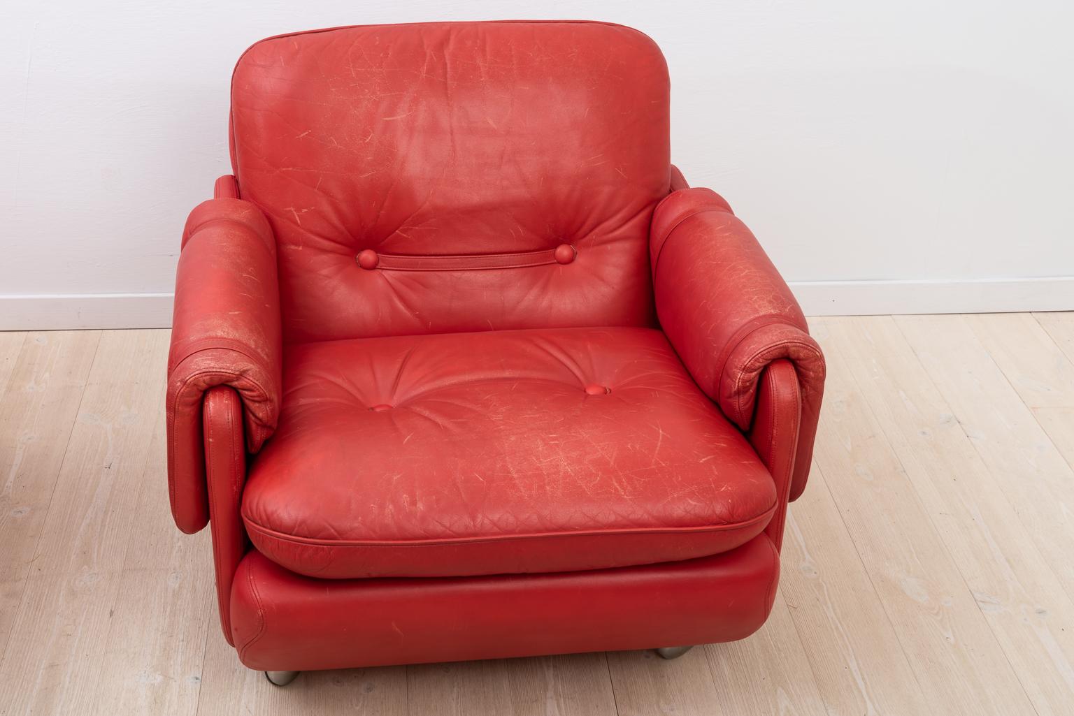 Swedish Lombardia Red Leather Armchairs by Risto Holme for IKEA For Sale