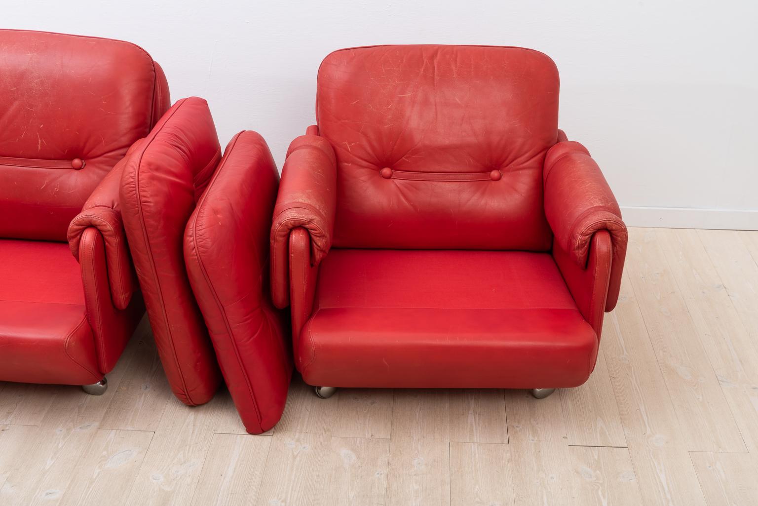 Lombardia Red Leather Armchairs by Risto Holme for IKEA In Good Condition For Sale In Kramfors, SE