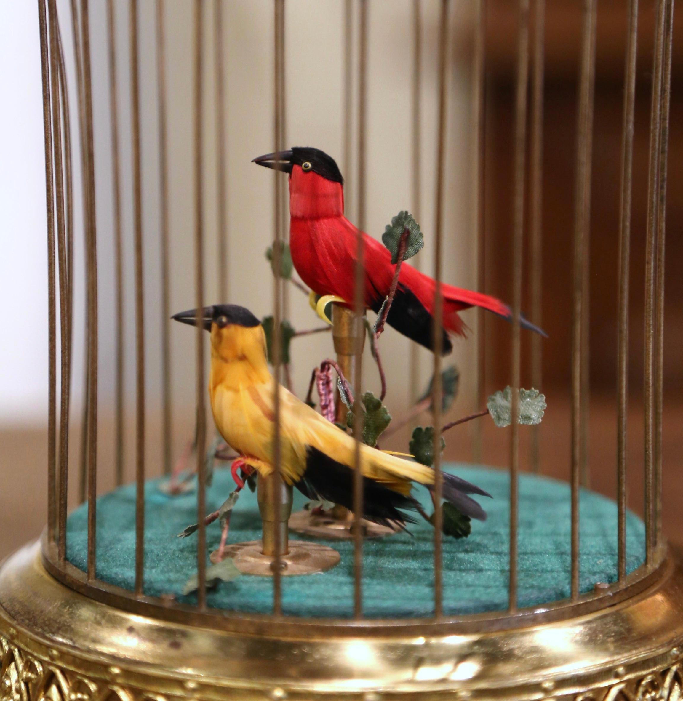 Hand-Crafted Late 20th Century Swiss Automaton Brass Cage with Two Moving Birds