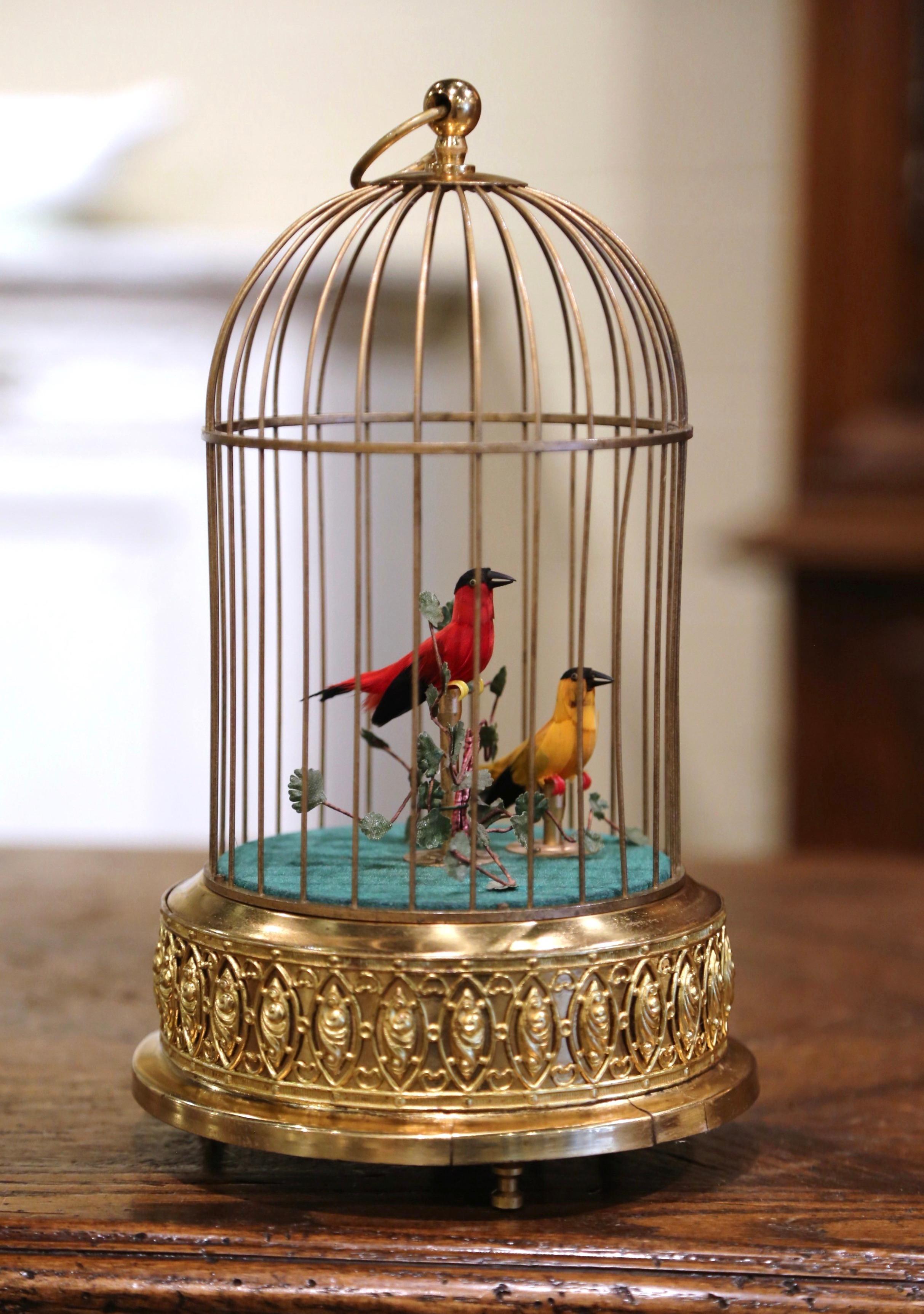 Late 20th Century Swiss Automaton Brass Cage with Two Moving Birds In Excellent Condition In Dallas, TX