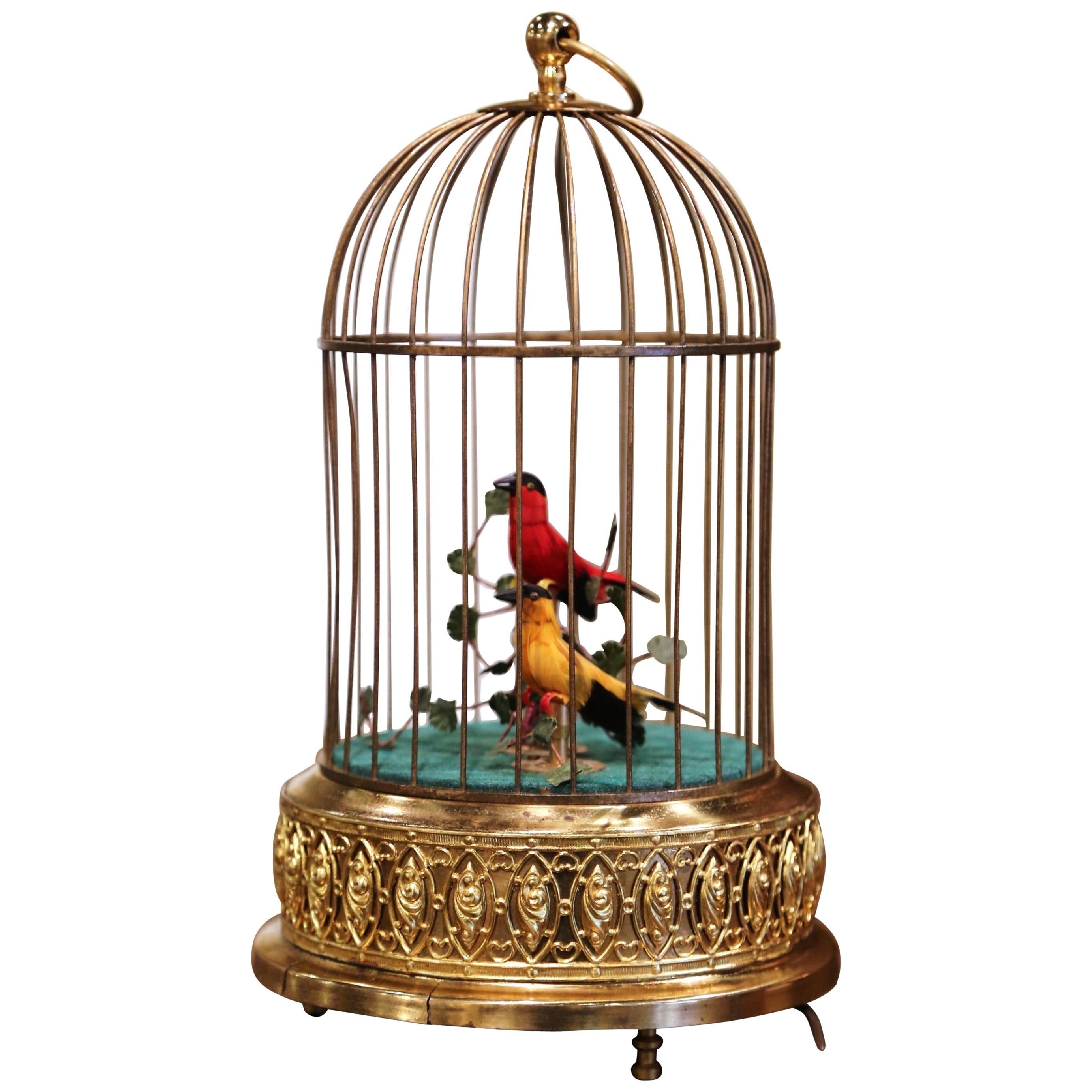 Late 20th Century Swiss Automaton Brass Cage with Two Moving Birds