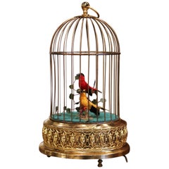 Late 20th Century Swiss Automaton Brass Cage with Two Moving Birds