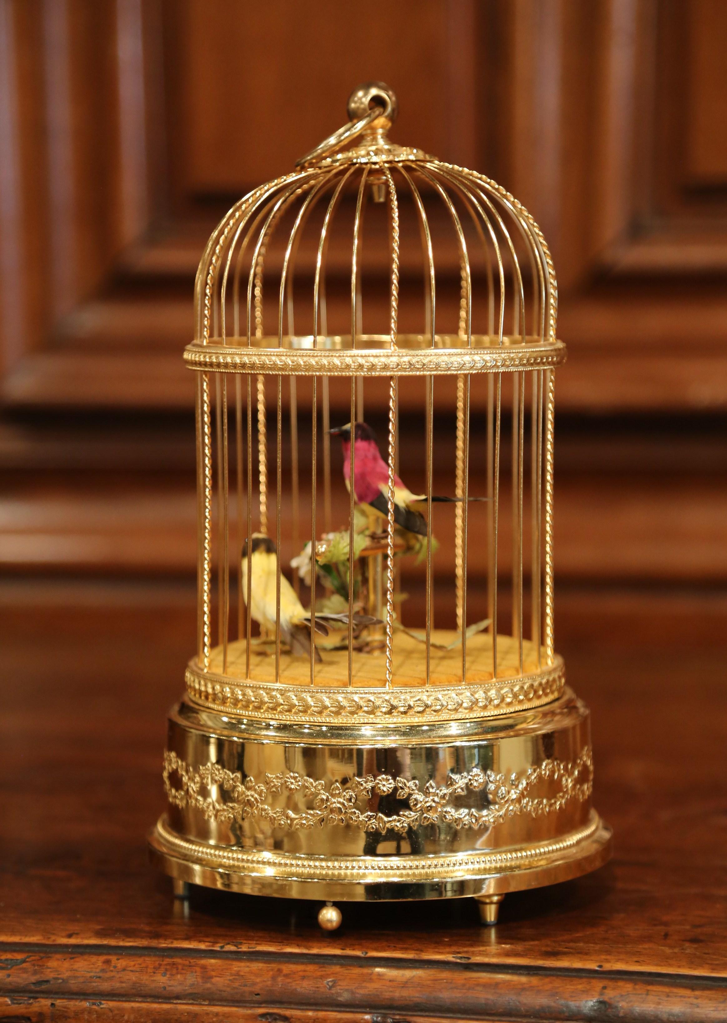 Hand-Crafted Late 20th Century Swiss Reuge Automaton Brass Cage with Two Singing Birds