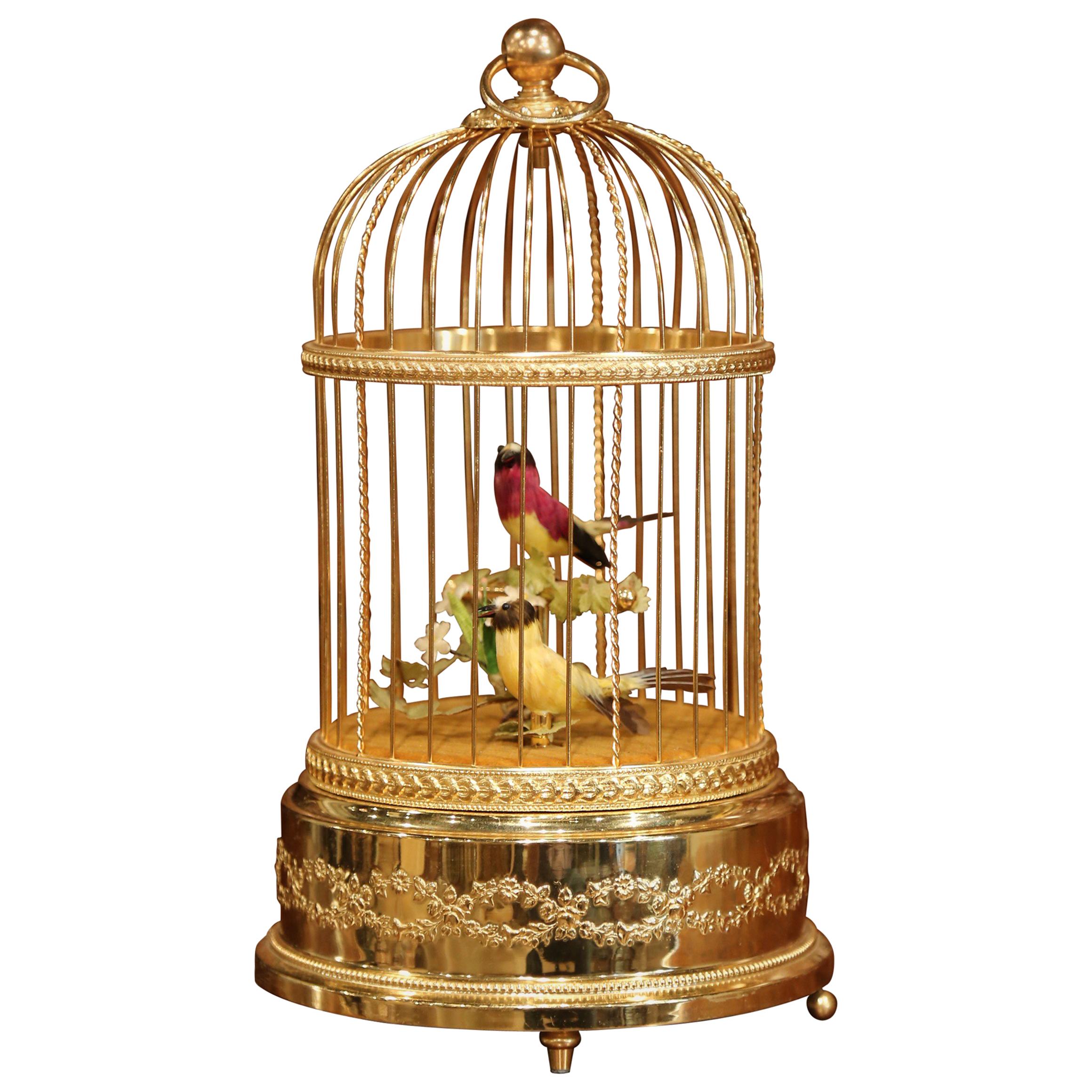 Late 20th Century Swiss Reuge Automaton Brass Cage with Two Singing Birds