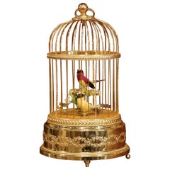 Vintage Late 20th Century Swiss Reuge Automaton Brass Cage with Two Singing Birds