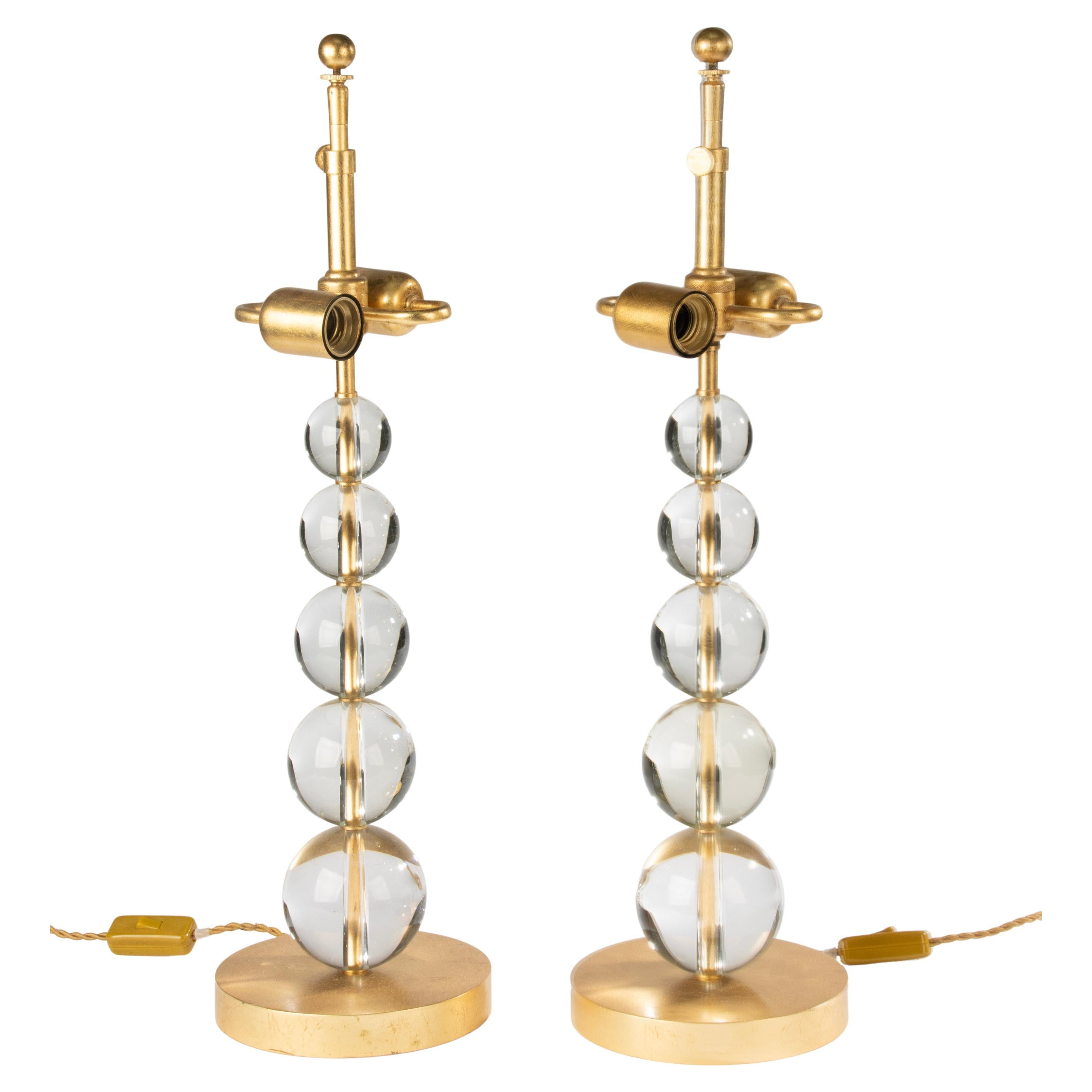 Late 20th Century Table Lamps - Pair - Lumiere - Gilt Brass and Glass Spheres For Sale