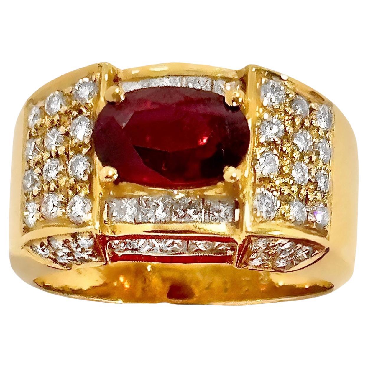 This lovely and stylish late-20th century 18k yellow gold cocktail ring is transverse set with one center oval faceted deep red ruby. This luxurious colored center stone is surrounded, both in the design area and in the ring walls, with brilliant