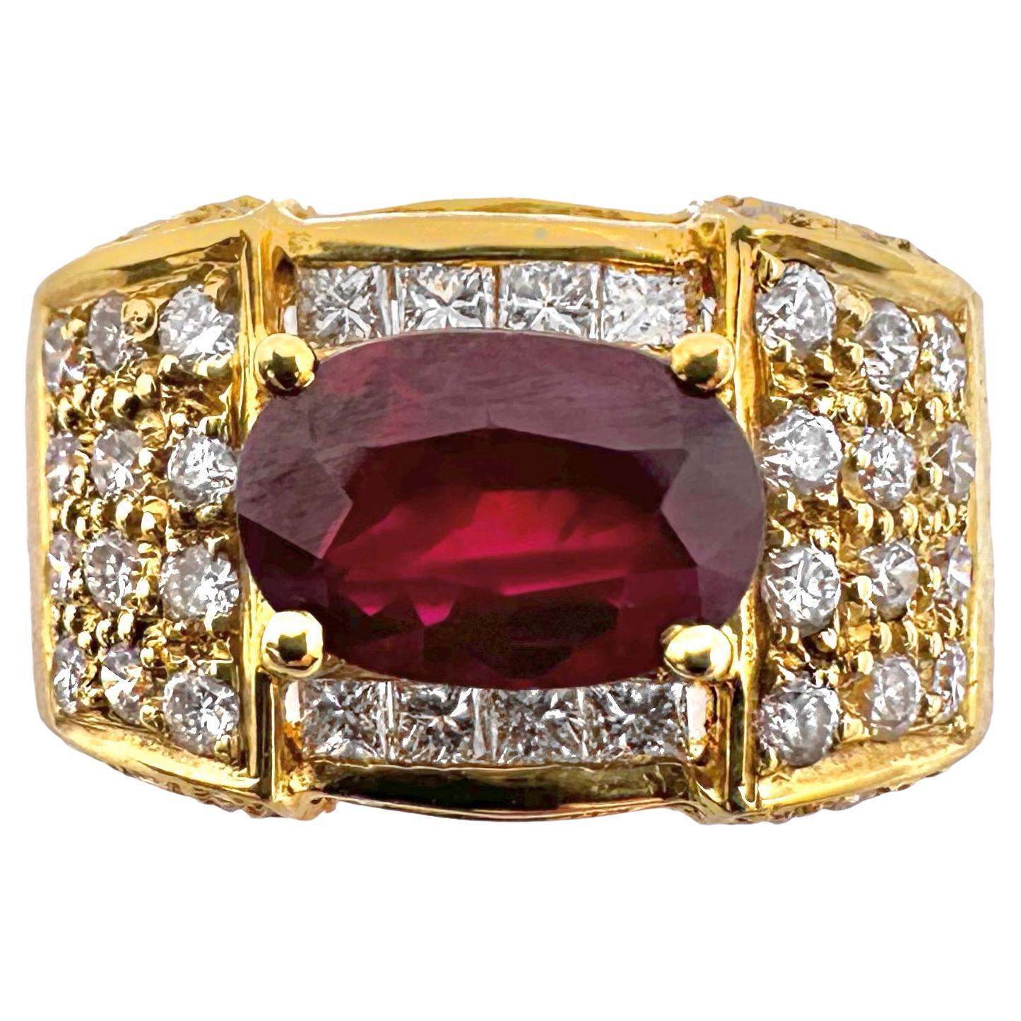 Late-20th Century Tailored 18k Yellow Gold, Ruby and Diamond Cocktail Ring