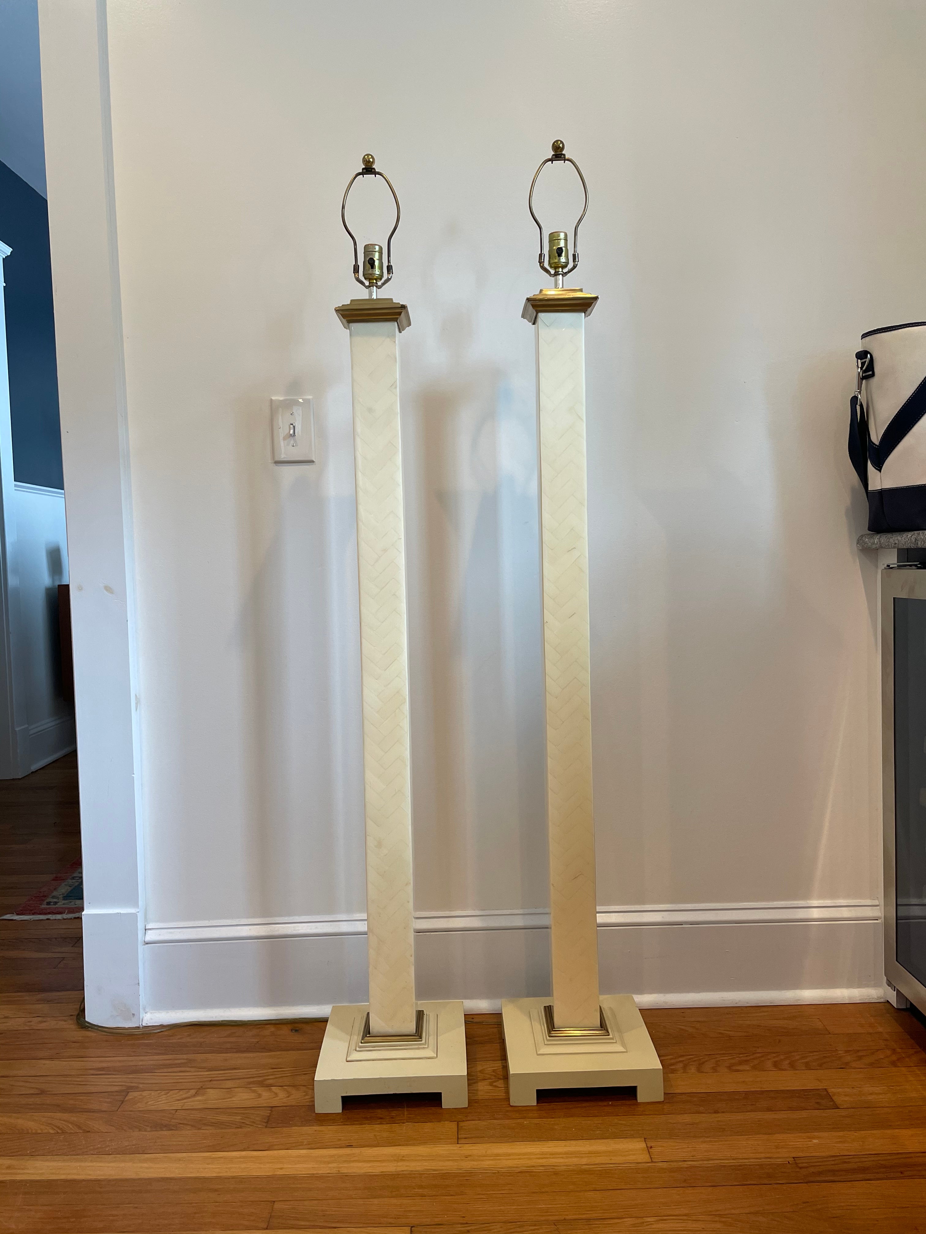 Modern Tessellated Faux Bone and Brass Floor Lamps, a Pair For Sale